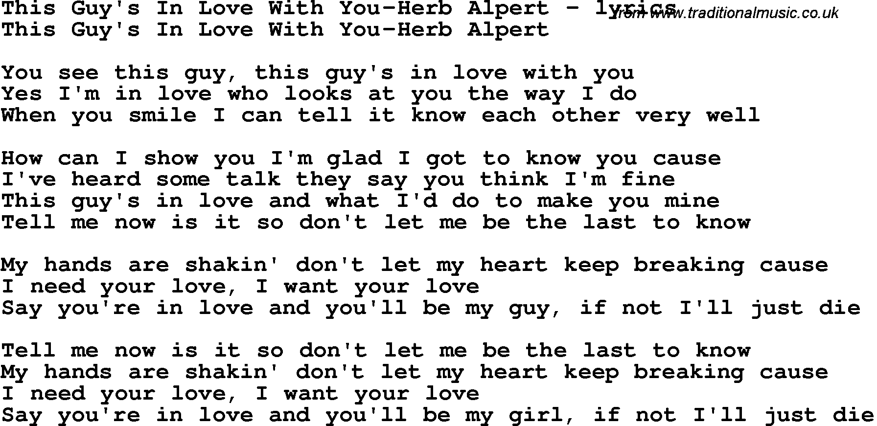 Love Song Lyrics for: This Guy's In Love With You-Herb Alpert