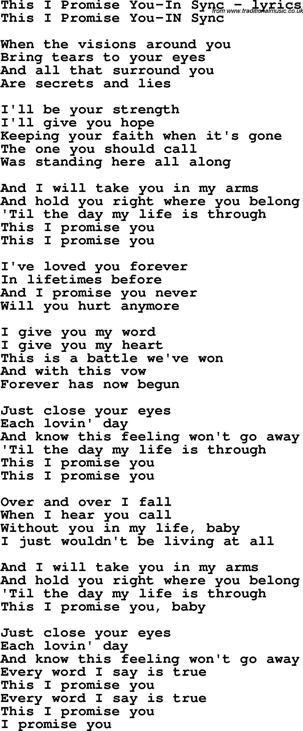 Love Song Lyrics for: This I Promise You-In Sync