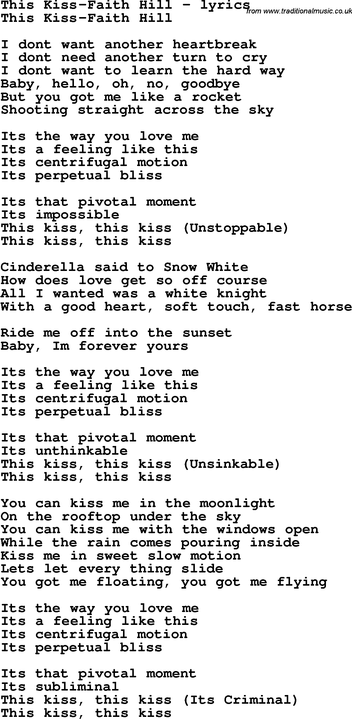 Love Song Lyrics for: This Kiss-Faith Hill