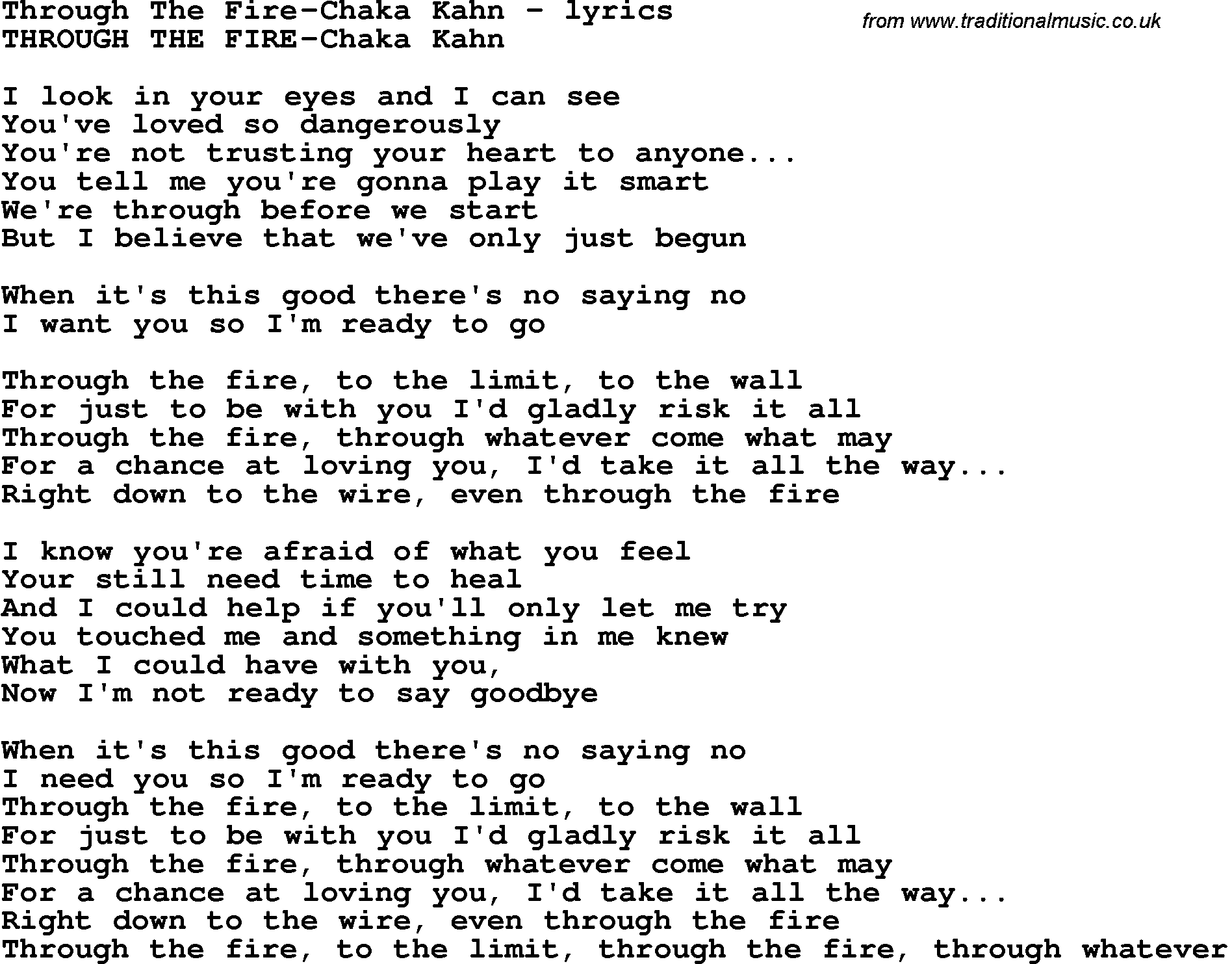 Love Song Lyrics for: Through The Fire-Chaka Kahn