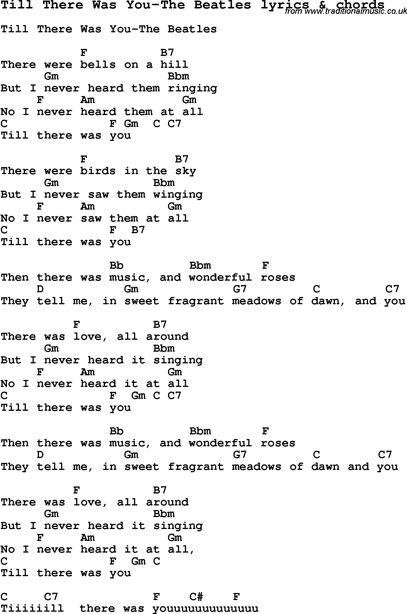 Love Song Lyrics for: Till There Was You-The Beatles with chords for Ukulele, Guitar Banjo etc.