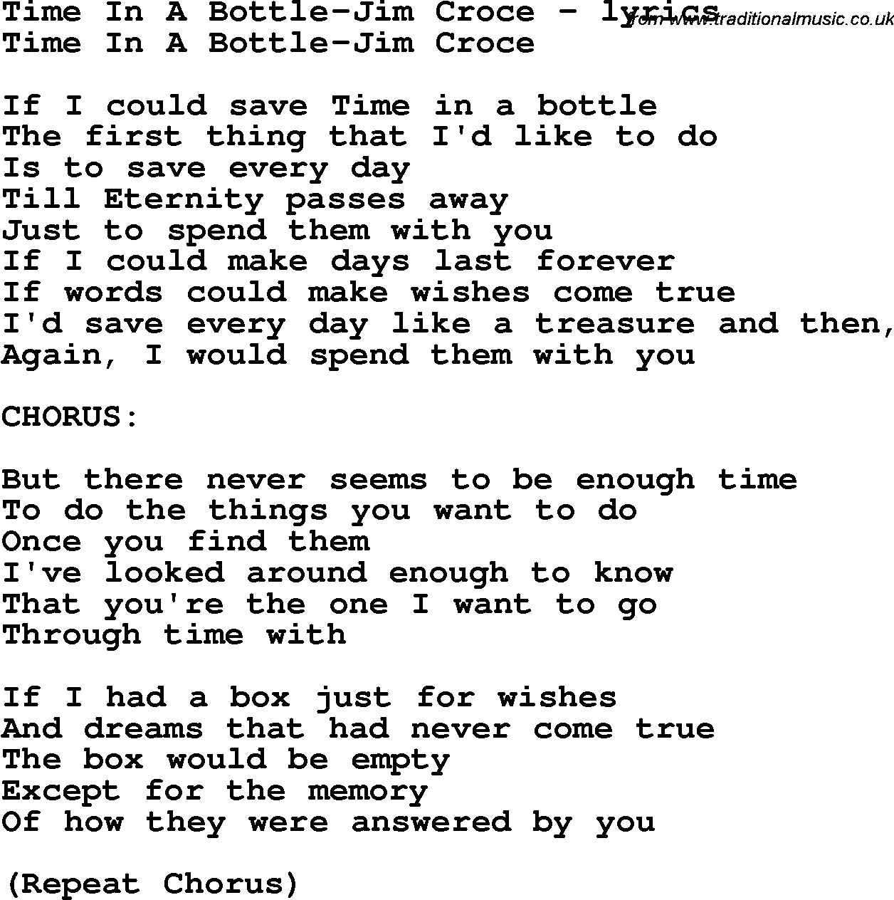 Love Song Lyrics for: Time In A Bottle-Jim Croce