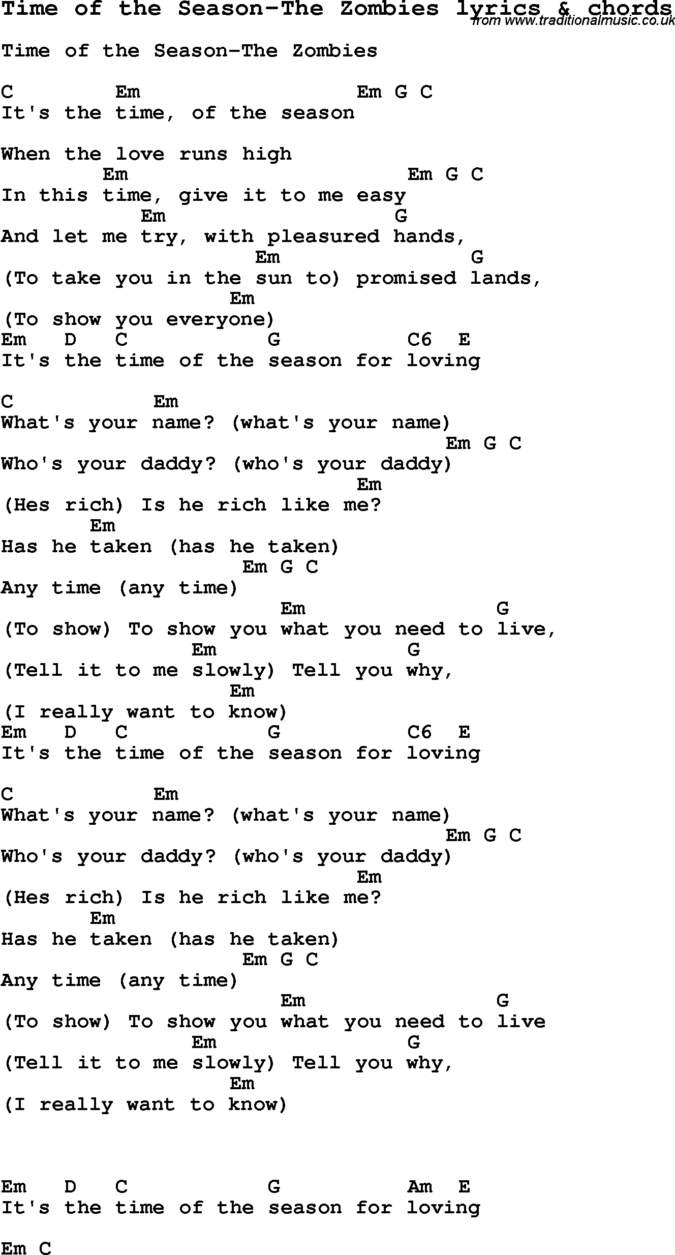 Love Song Lyrics for: Time of the Season-The Zombies with chords for Ukulele, Guitar Banjo etc.