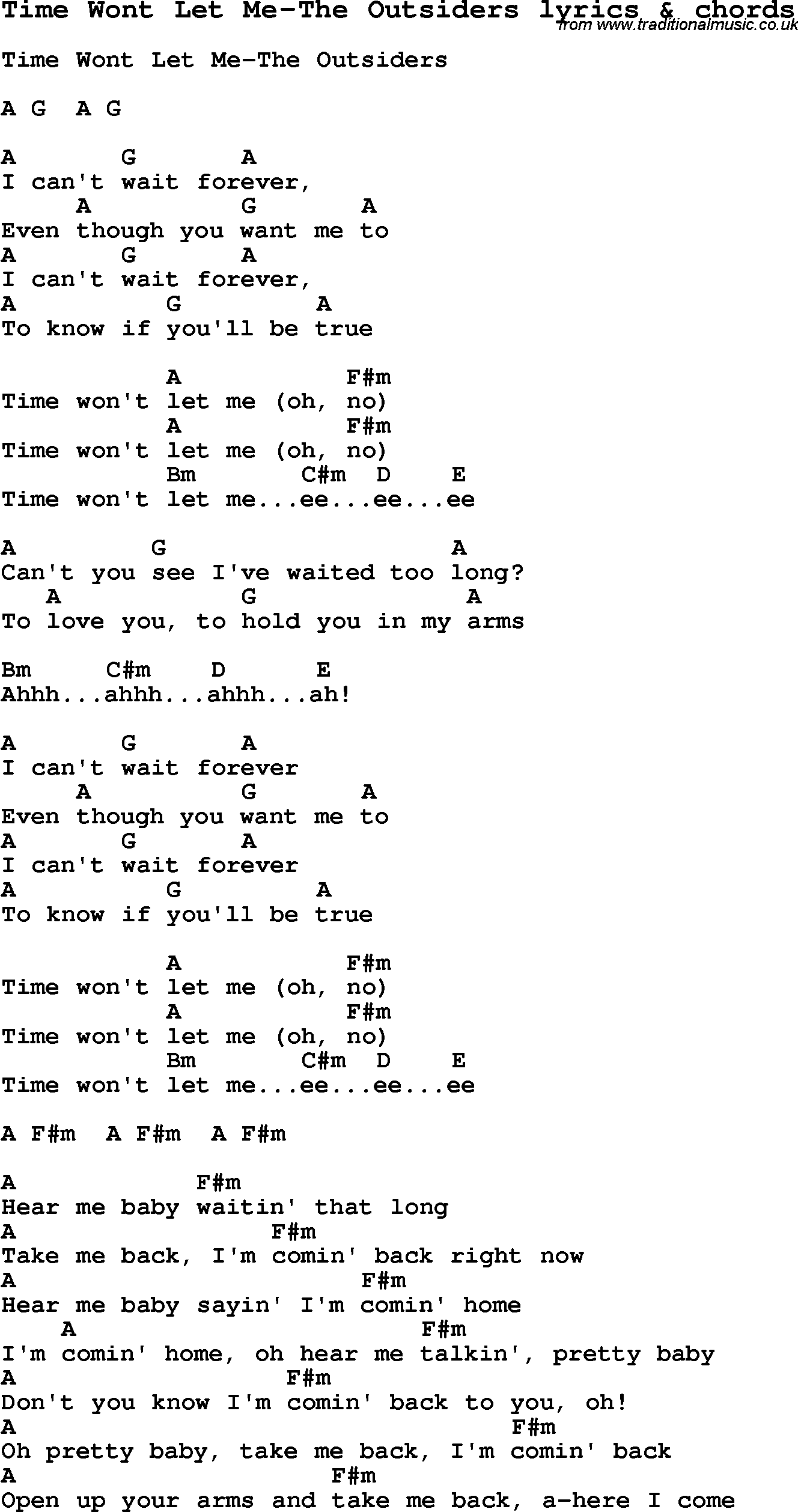 Love Song Lyrics for: Time Wont Let Me-The Outsiders with chords for Ukulele, Guitar Banjo etc.