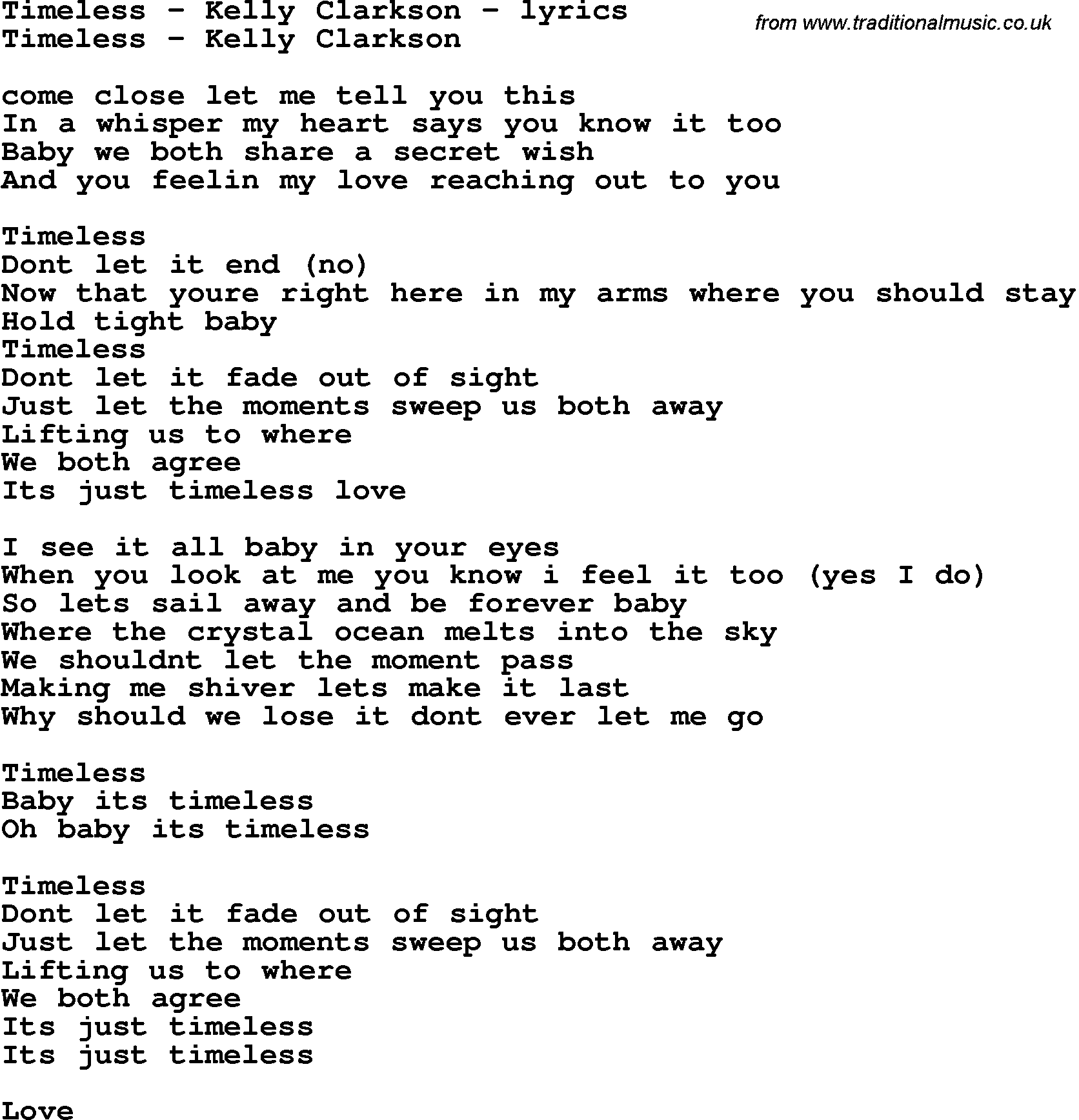 Love Song Lyrics for: Timeless - Kelly Clarkson