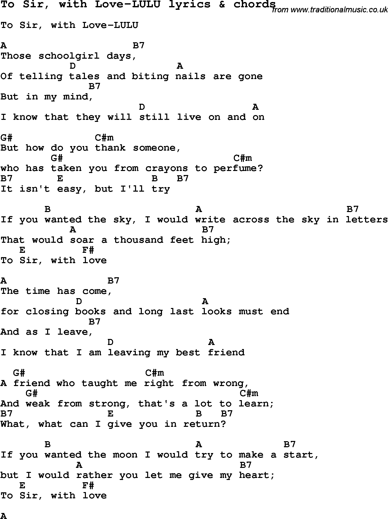 Love Song Lyrics for: To Sir, with Love-LULU with chords for Ukulele, Guitar Banjo etc.