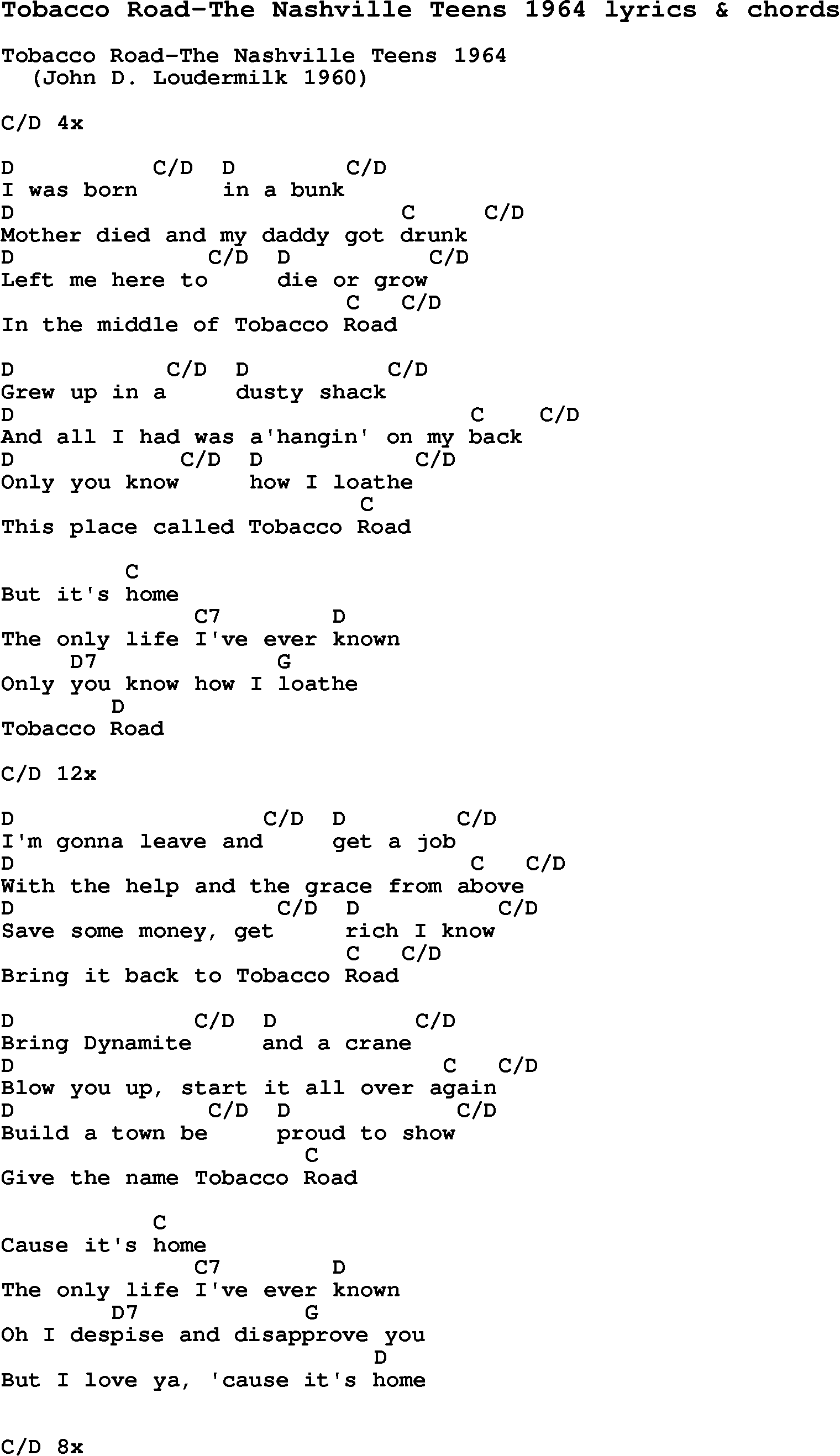 Love Song Lyrics for: Tobacco Road-The Nashville Teens 1964 with chords for Ukulele, Guitar Banjo etc.