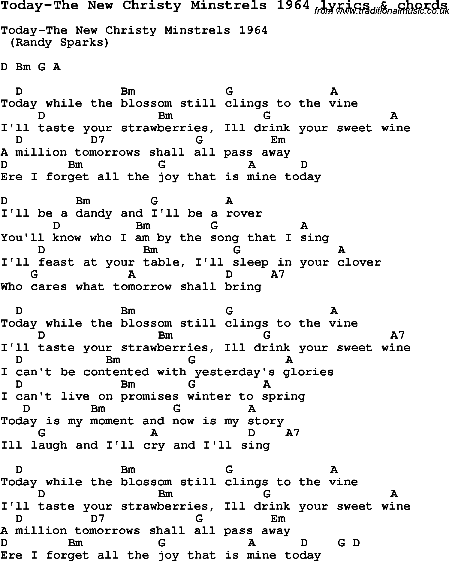 Love Song Lyrics for: Today-The New Christy Minstrels 1964 with chords for Ukulele, Guitar Banjo etc.