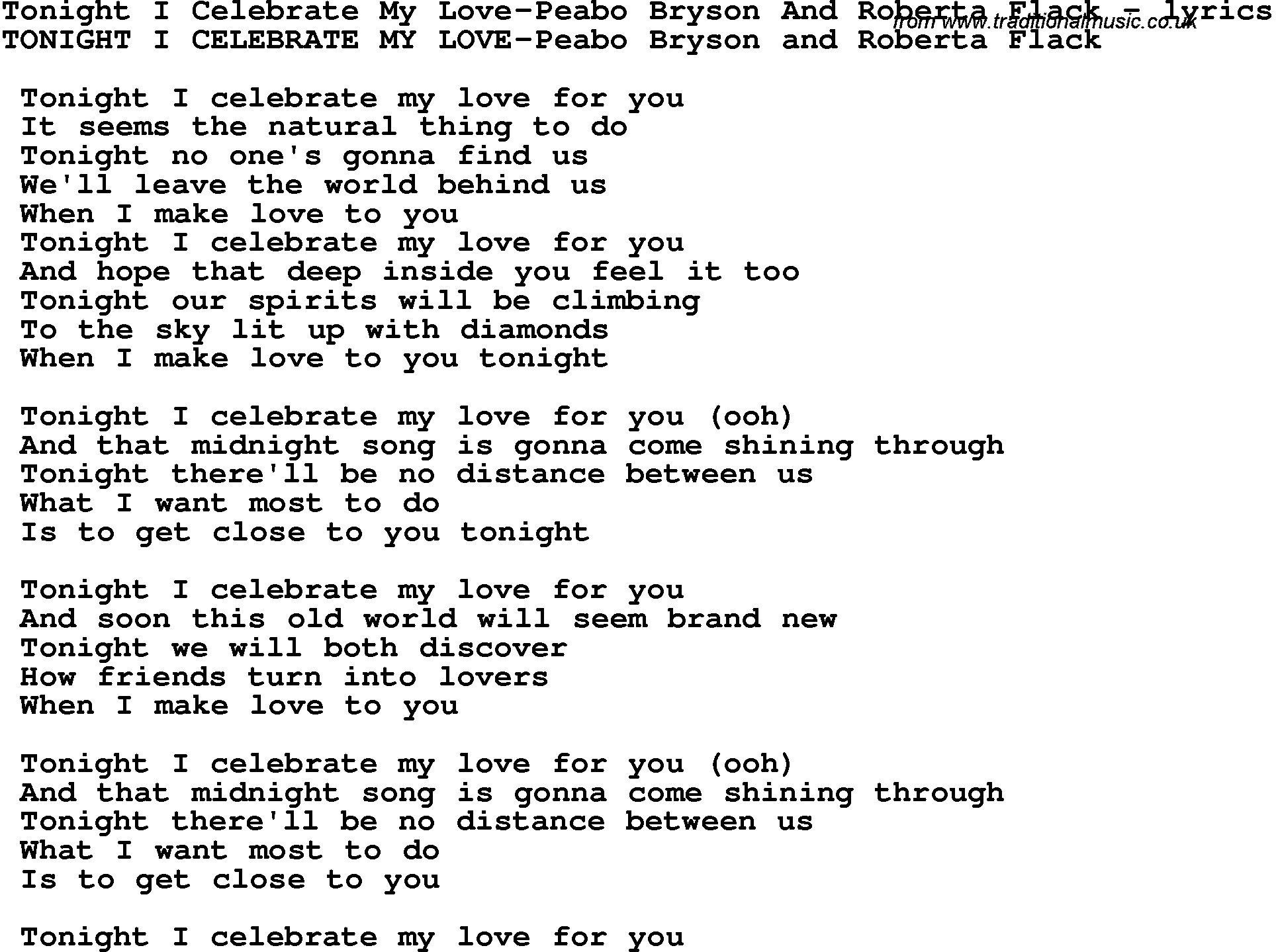 Love Song Lyrics for: Tonight I Celebrate My Love-Peabo Bryson And Roberta Flack