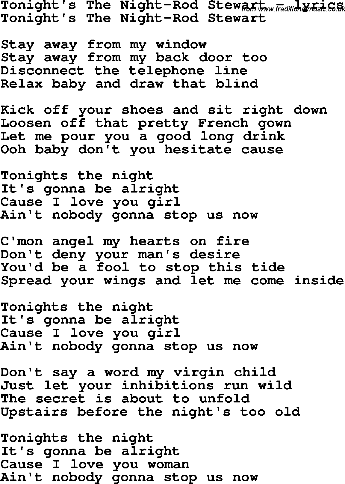 Love Song Lyrics for: Tonight's The Night-Rod Stewart