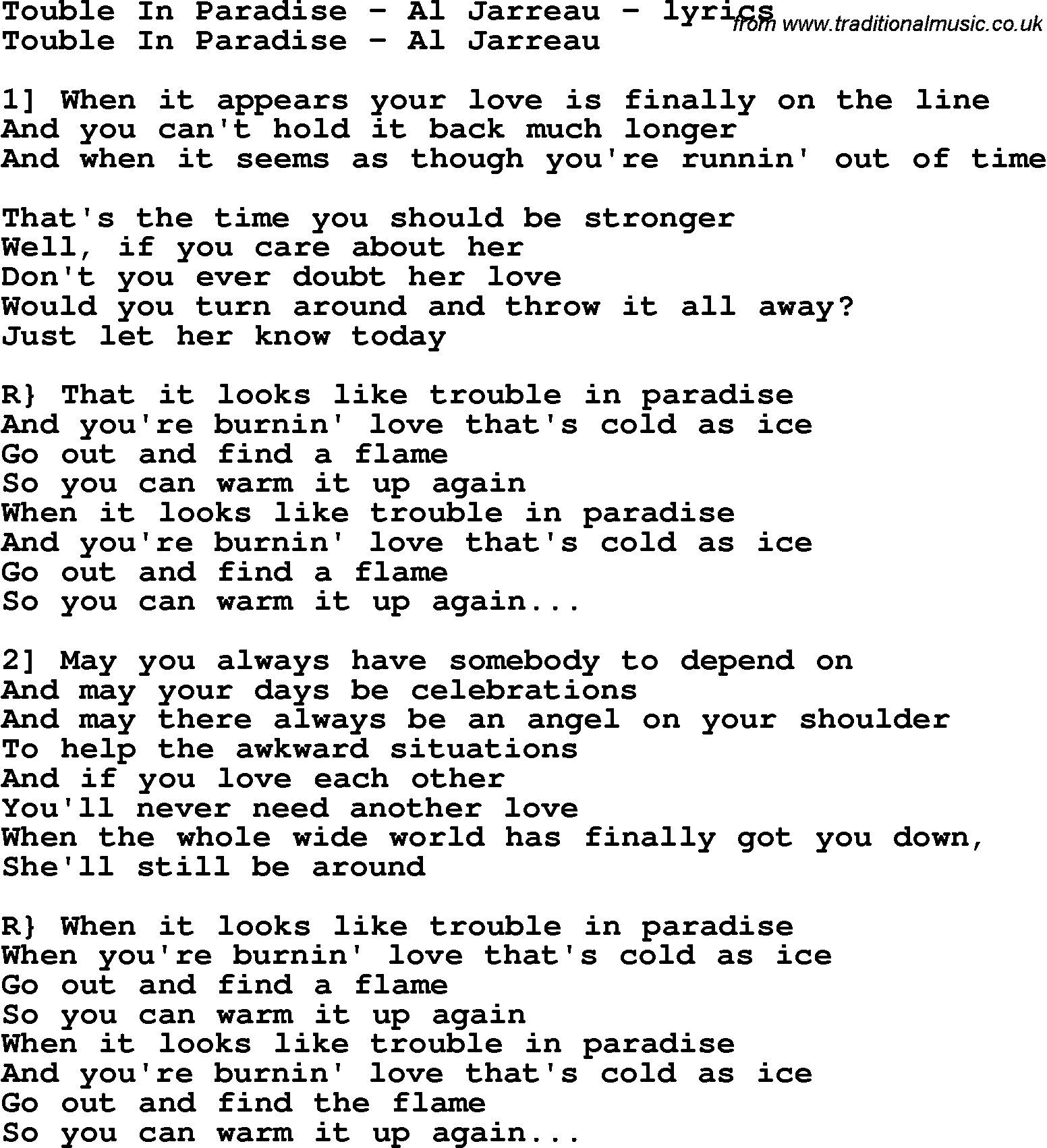 Love Song Lyrics for: Touble In Paradise - Al Jarreau