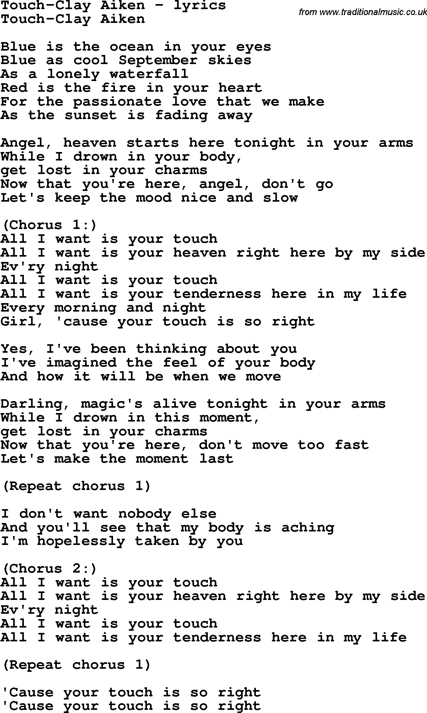 Love Song Lyrics for: Touch-Clay Aiken