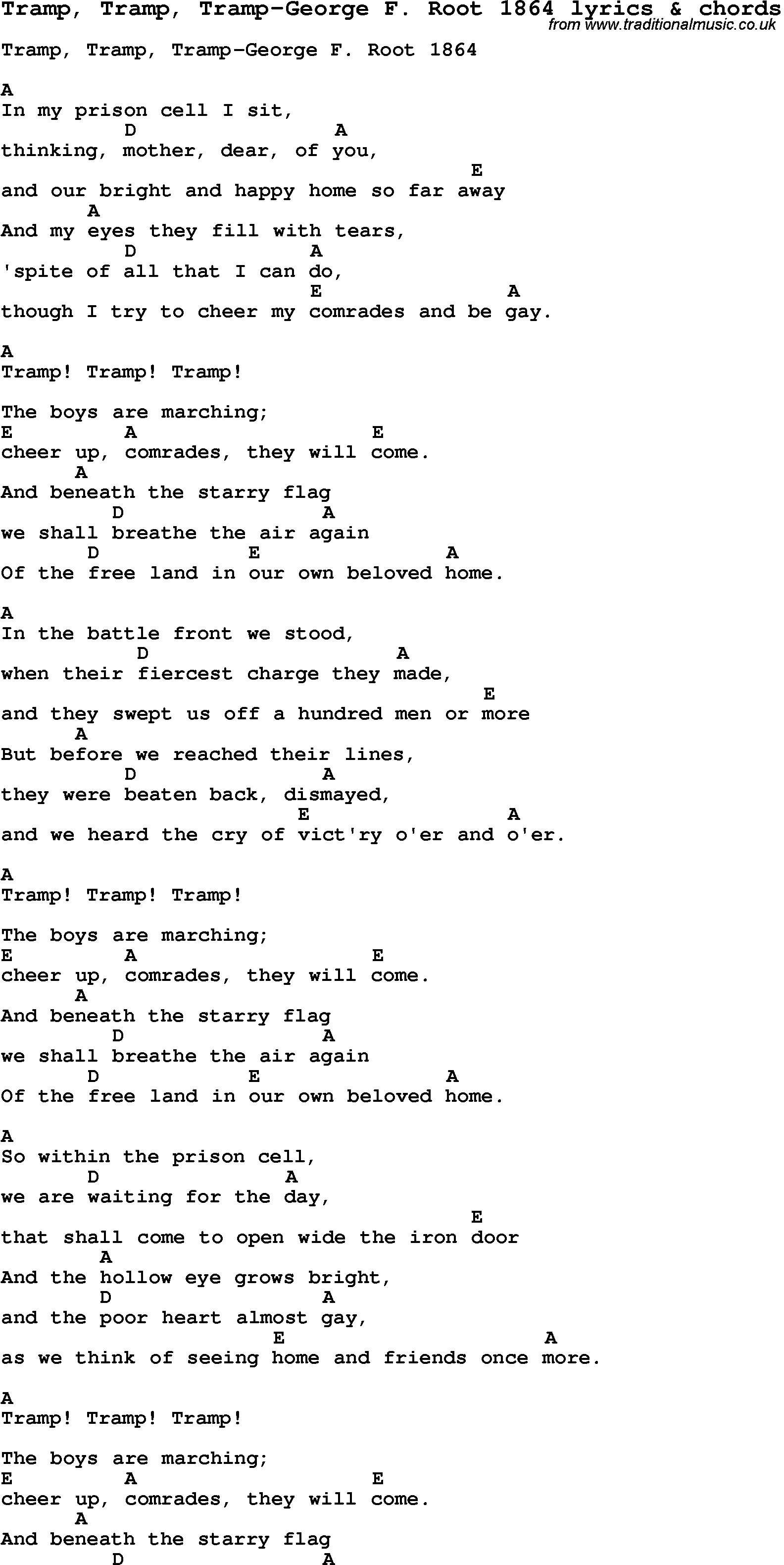 Love Song Lyrics for: Tramp, Tramp, Tramp-George F. Root 1864 with chords for Ukulele, Guitar Banjo etc.
