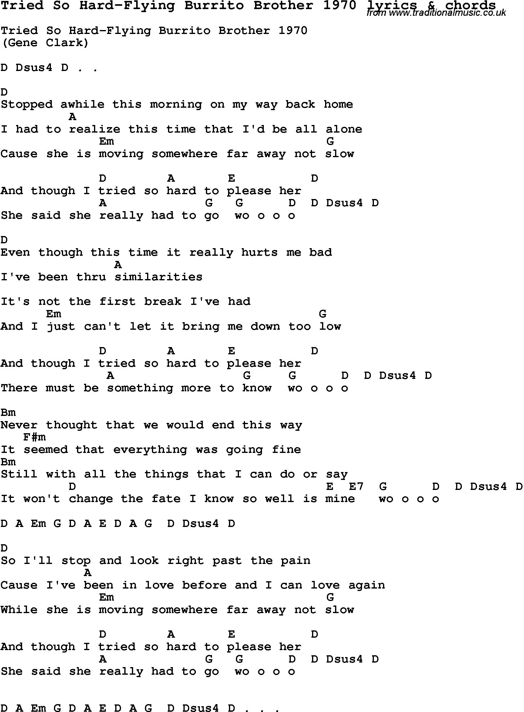 Love Song Lyrics for: Tried So Hard-Flying Burrito Brother 1970 with chords for Ukulele, Guitar Banjo etc.