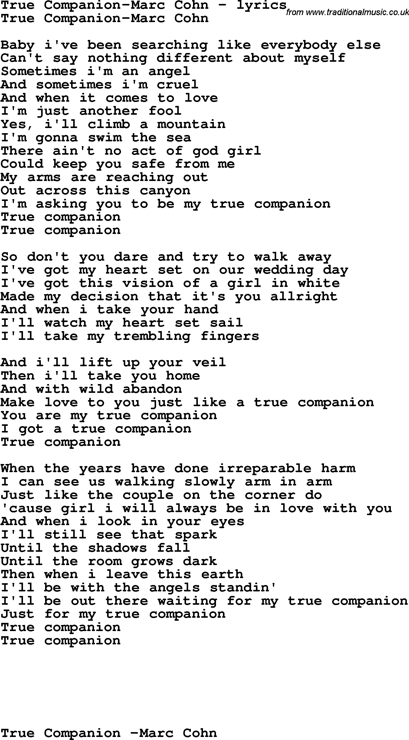 Love Song Lyrics for: True Companion-Marc Cohn