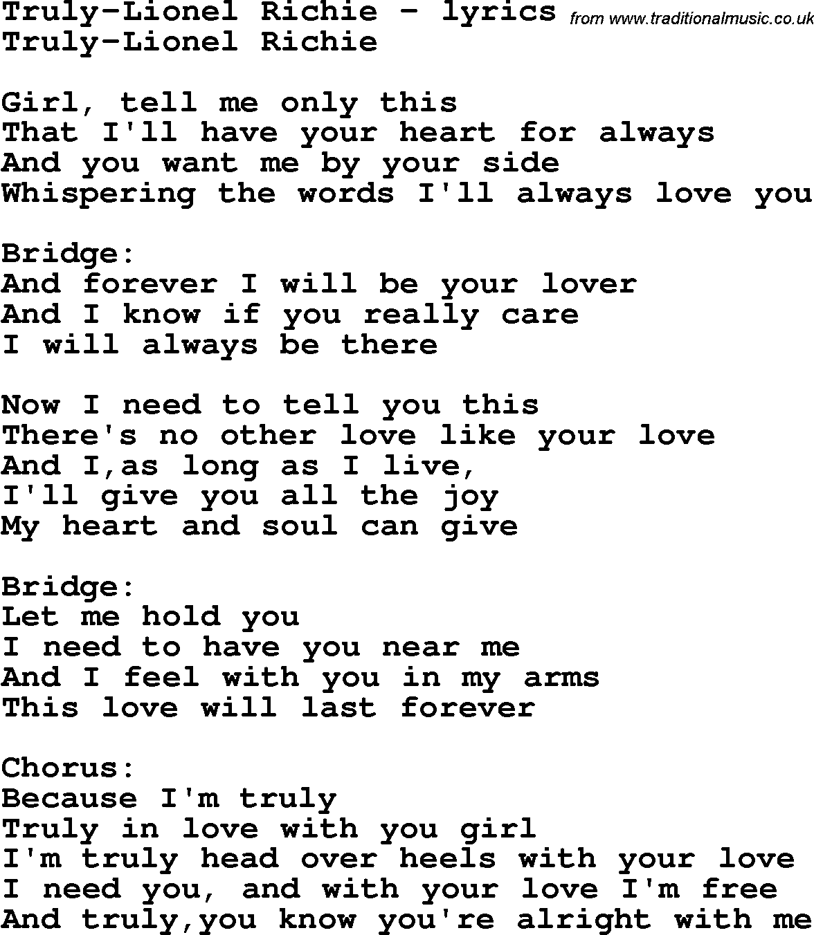 Love Song Lyrics for: Truly-Lionel Richie