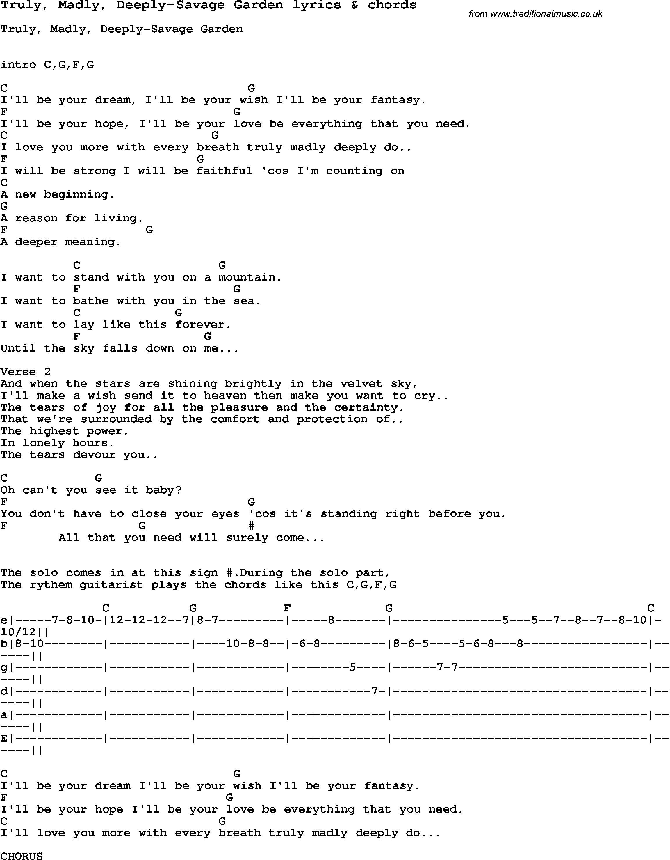 Love Song Lyrics For Truly Madly Deeply Savage Garden With Chords