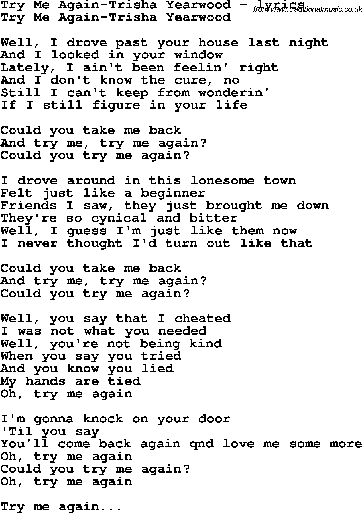 Love Song Lyrics for: Try Me Again-Trisha Yearwood