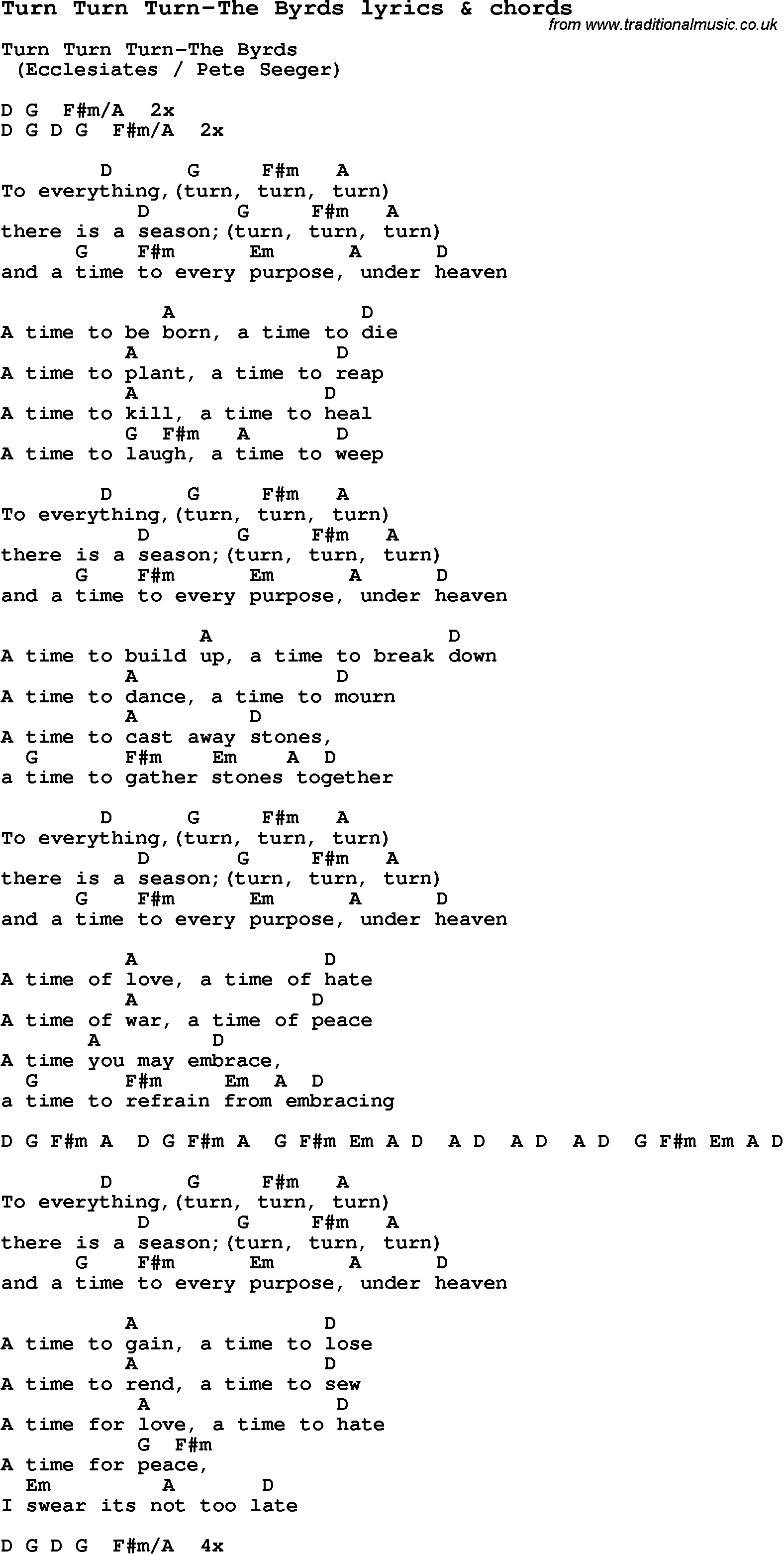 Love Song Lyrics for: Turn Turn Turn-The Byrds with chords for Ukulele, Guitar Banjo etc.