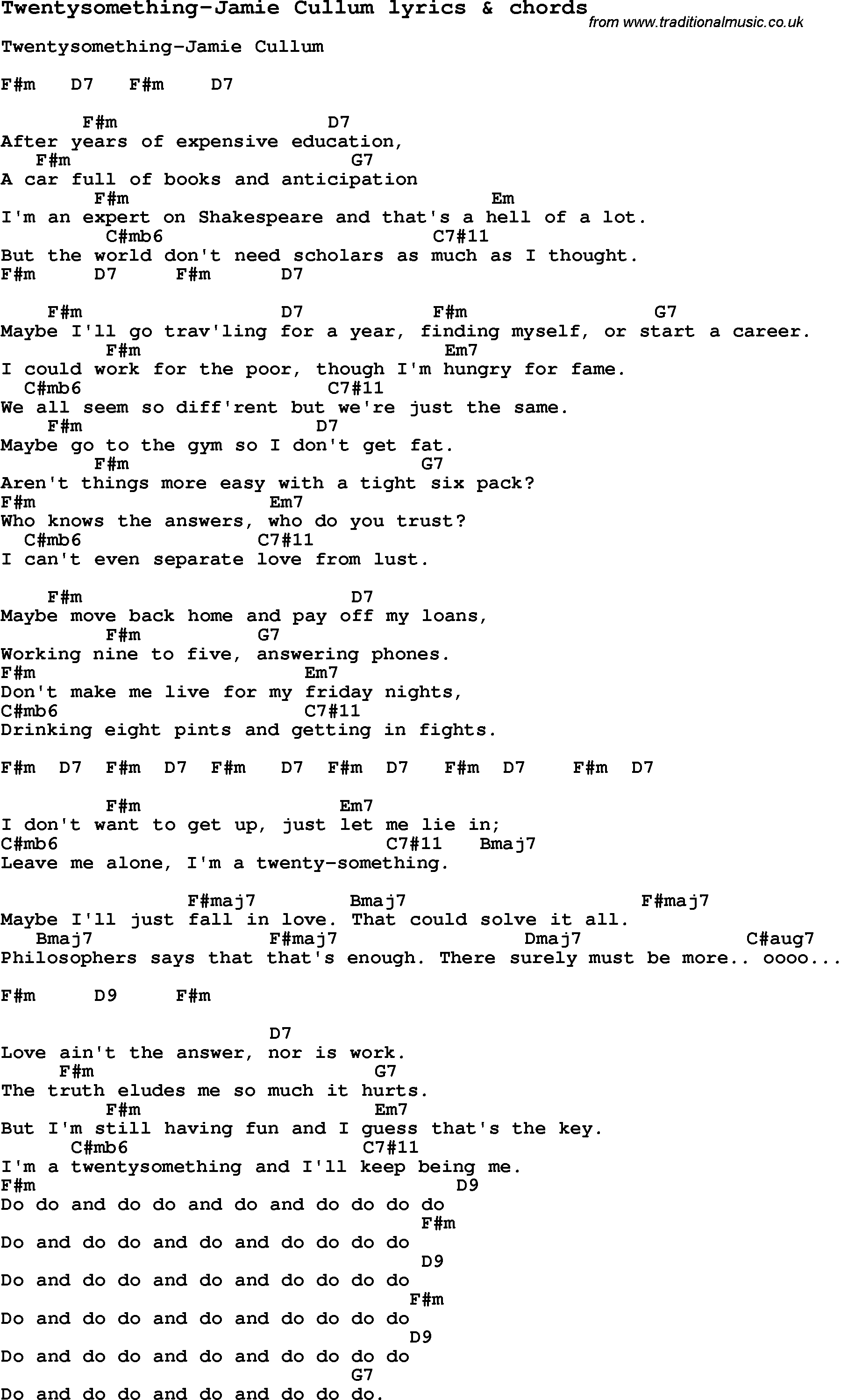 Love Song Lyrics for: Twentysomething-Jamie Cullum with chords for Ukulele, Guitar Banjo etc.