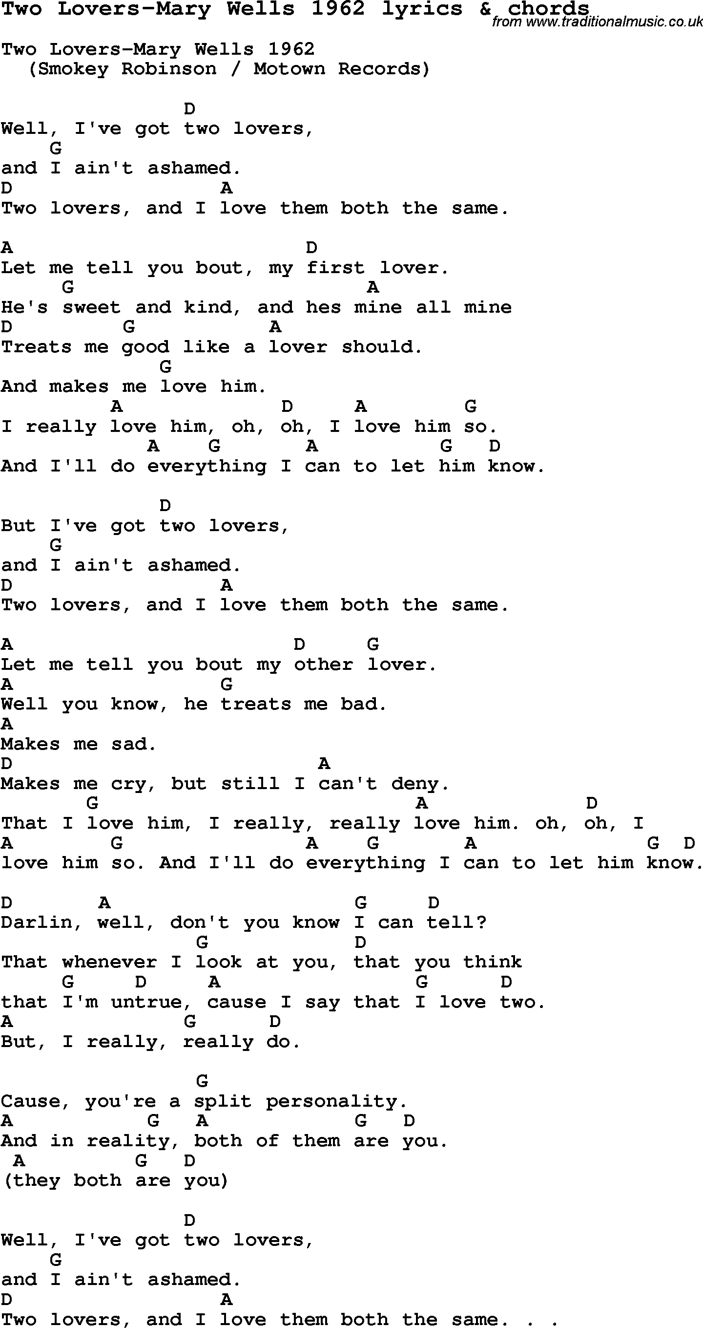 Love Song Lyrics for: Two Lovers-Mary Wells 1962 with chords for Ukulele, Guitar Banjo etc.