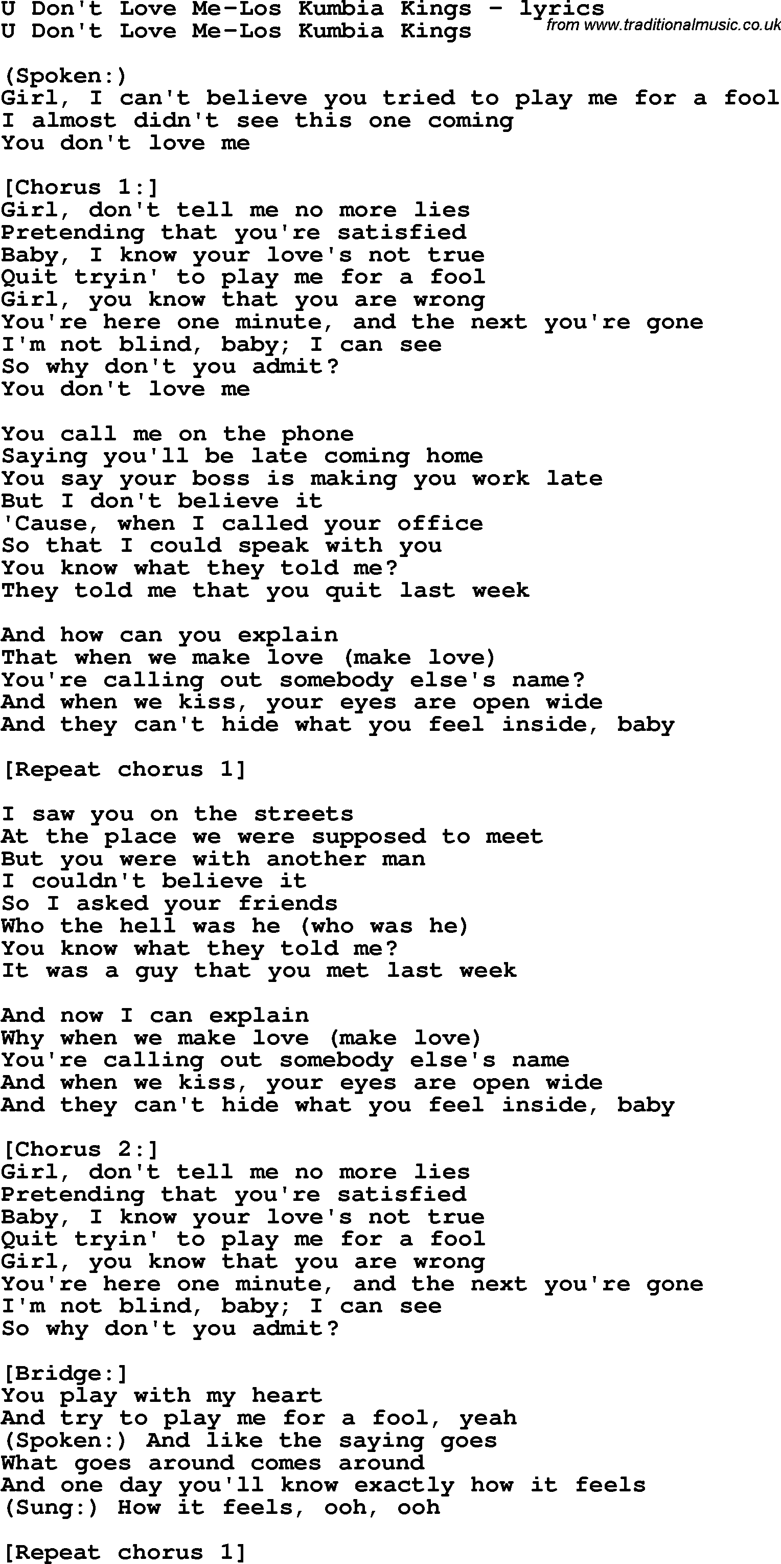 Love Song Lyrics for: U Don't Love Me-Los Kumbia Kings