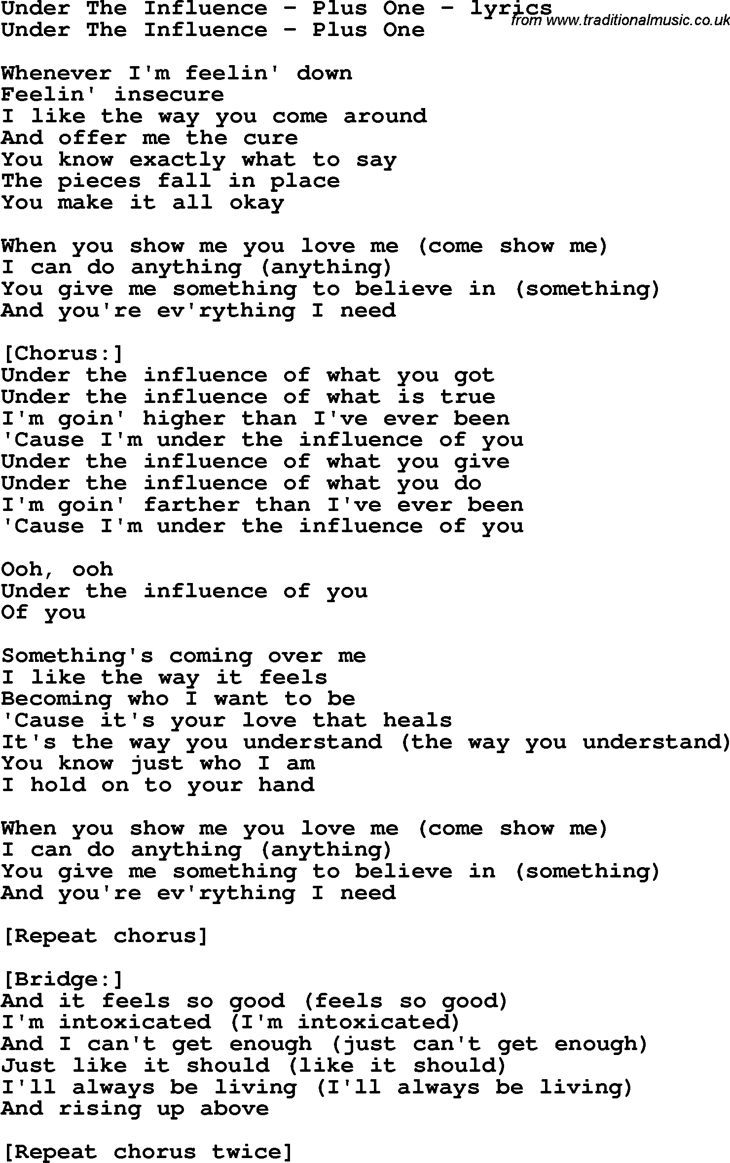 Love Song Lyrics for: Under The Influence - Plus One