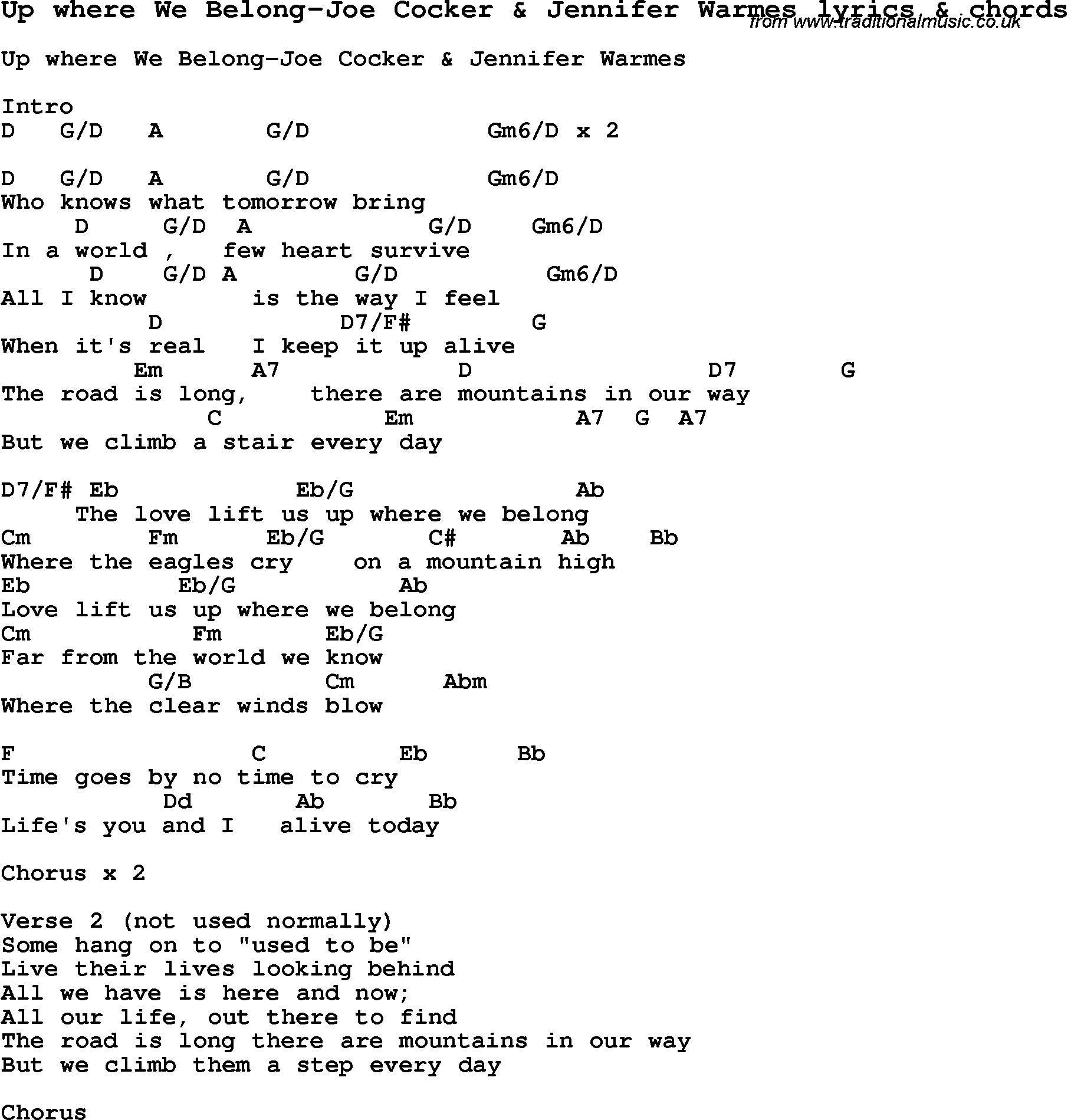 Love Song Lyrics for: Up where We Belong-Joe Cocker & Jennifer Warmes with chords for Ukulele, Guitar Banjo etc.