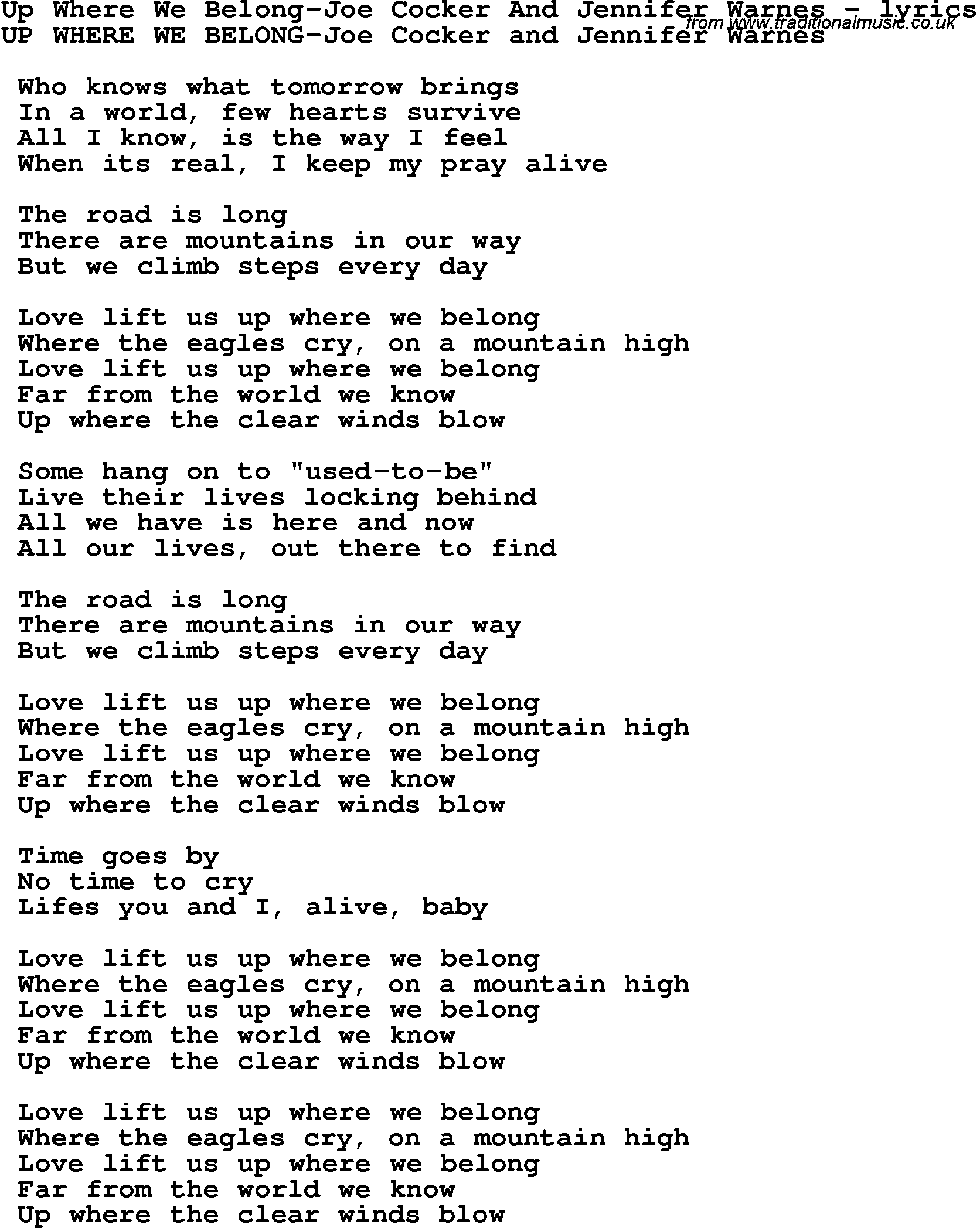 Love Song Lyrics for: Up Where We Belong-Joe Cocker And Jennifer Warnes