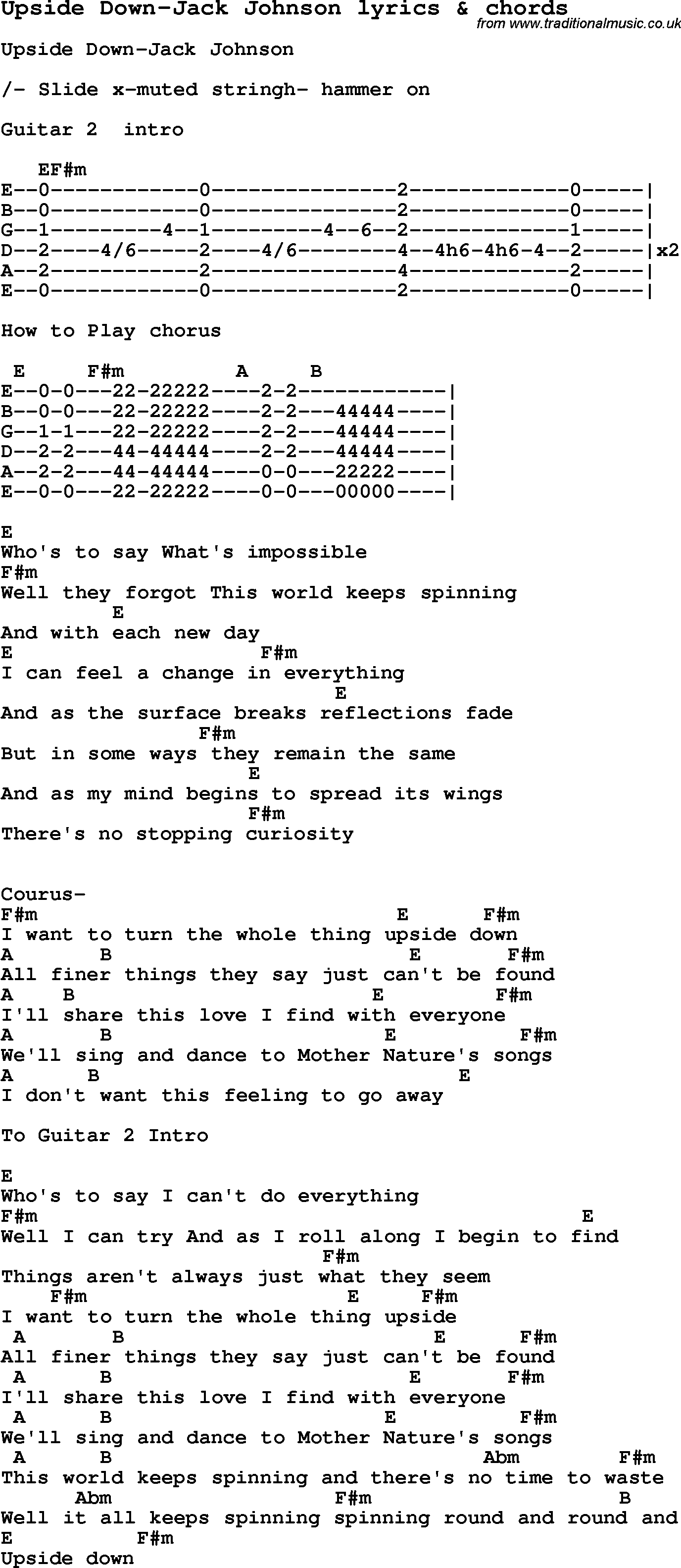 Love Song Lyrics for: Upside Down-Jack Johnson with chords for Ukulele, Guitar Banjo etc.