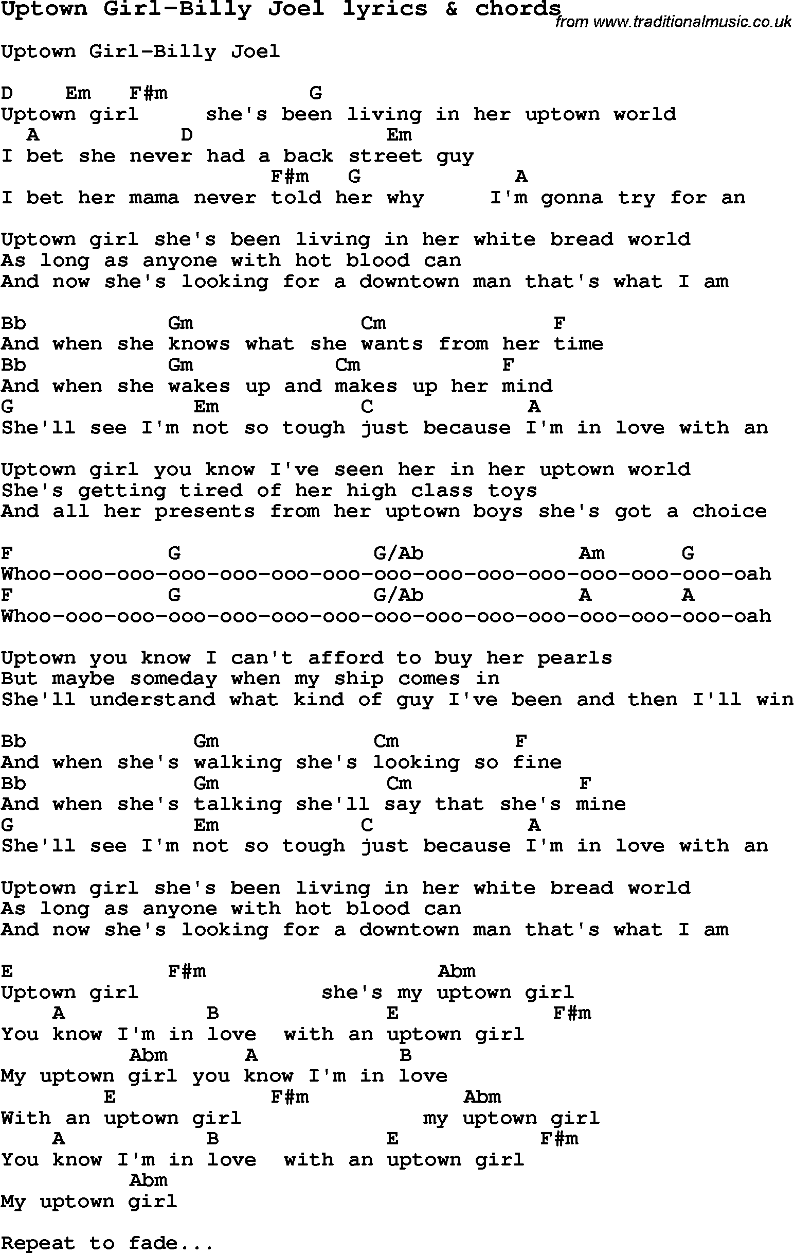 Love Song Lyrics for: Uptown Girl-Billy Joel with chords for Ukulele, Guitar Banjo etc.