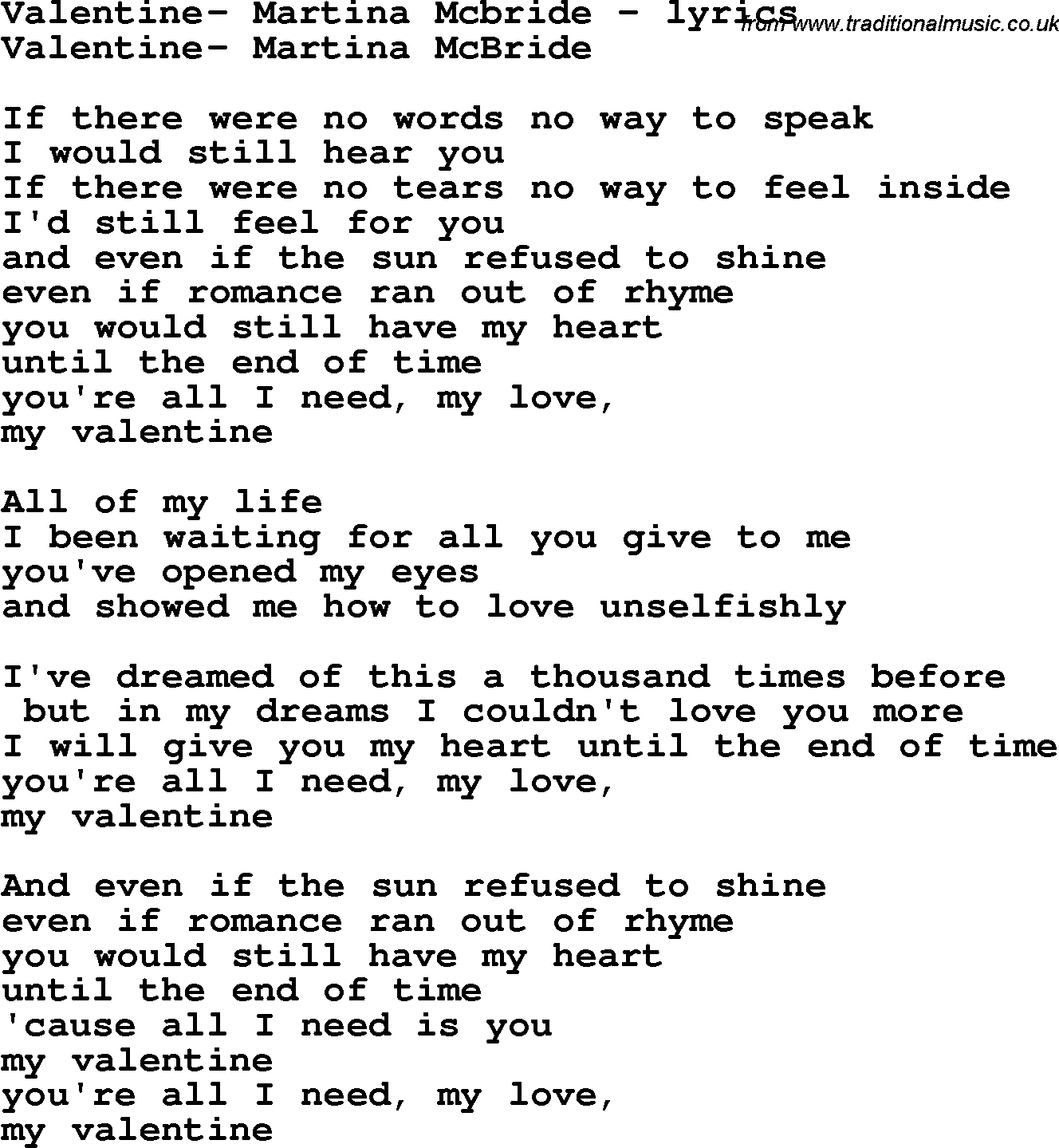 Love Song Lyrics for: Valentine- Martina Mcbride