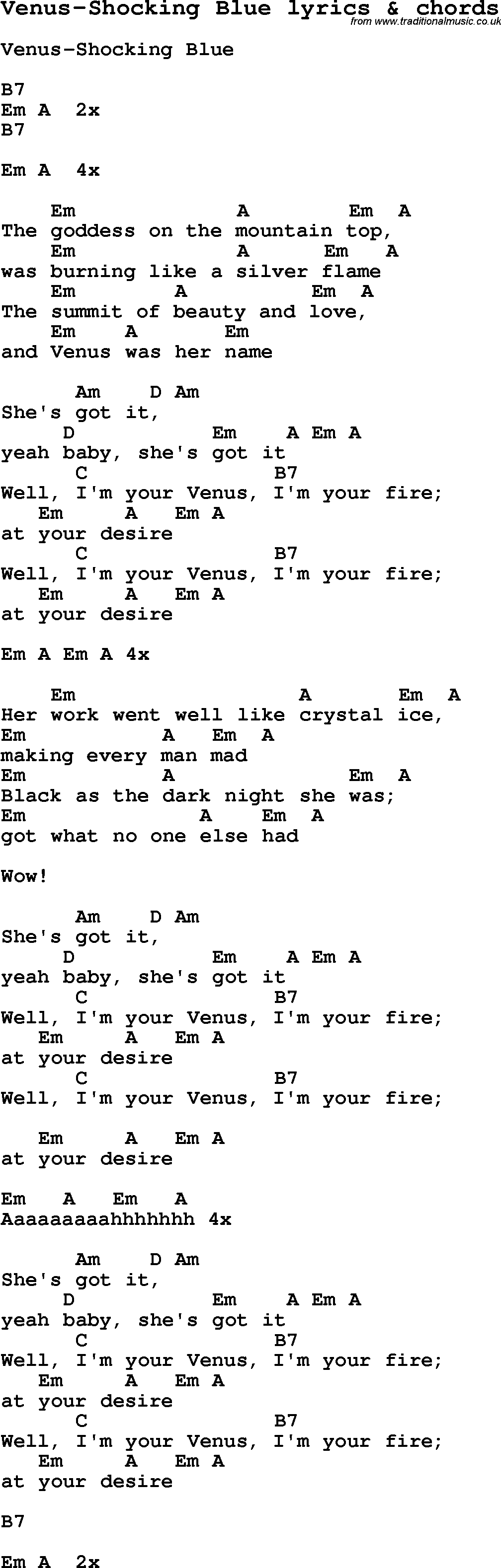 Love Song Lyrics for: Venus-Shocking Blue with chords for Ukulele, Guitar Banjo etc.