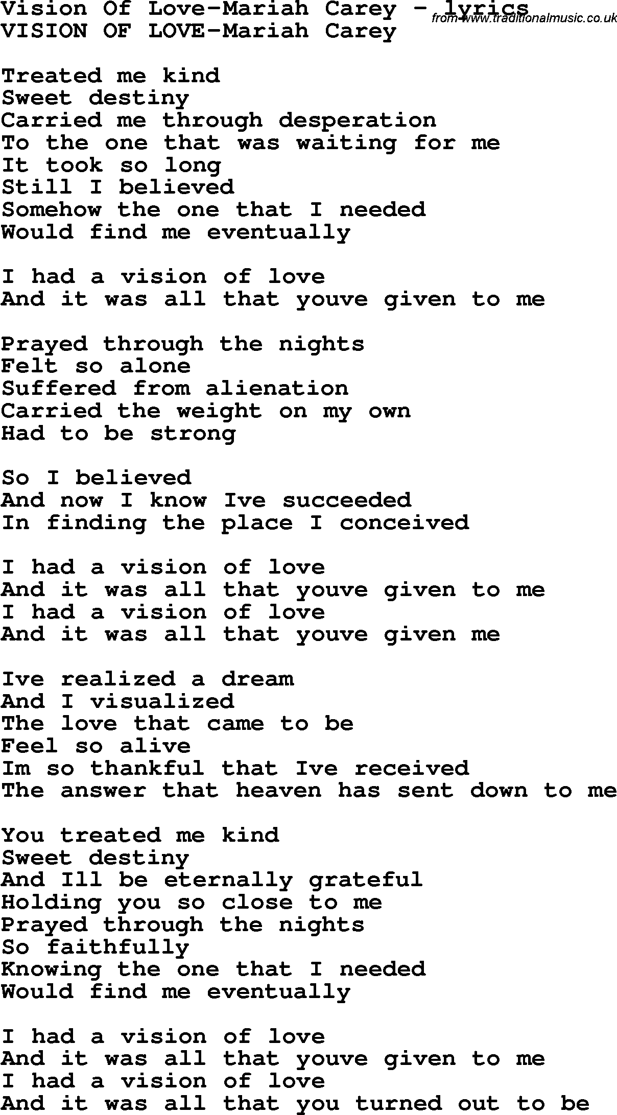 Love Song Lyrics for: Vision Of Love-Mariah Carey