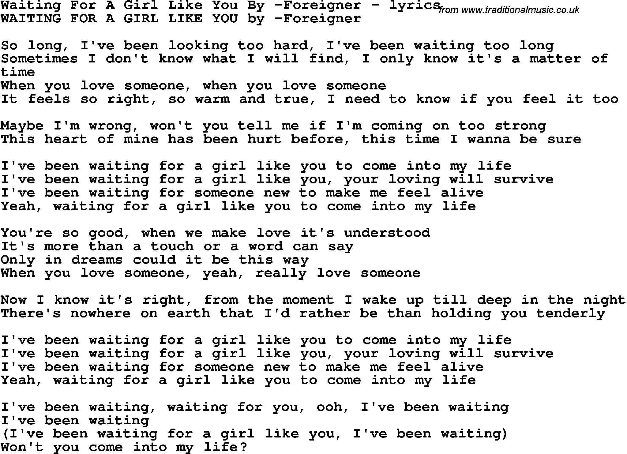 Love Song Lyrics For Waiting For A Girl Like You By Foreigner