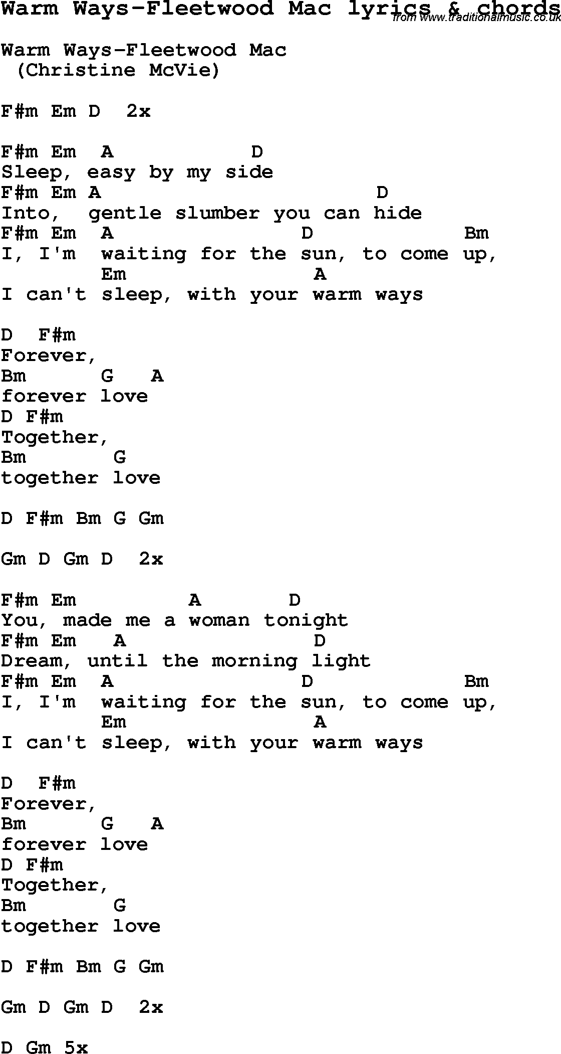 Love Song Lyrics for: Warm Ways-Fleetwood Mac with chords for Ukulele, Guitar Banjo etc.