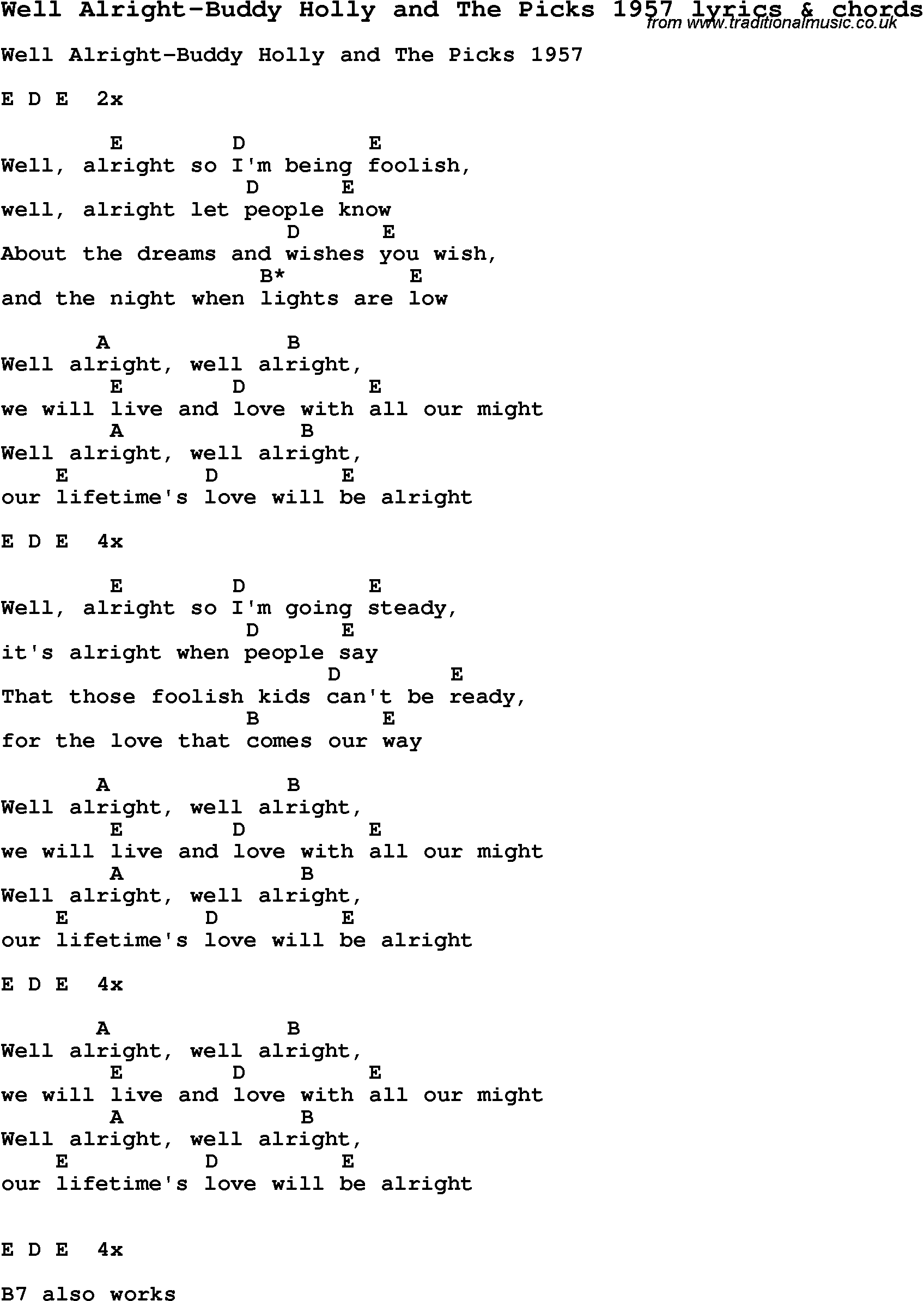 Love Song Lyrics for: Well Alright-Buddy Holly and The Picks 1957 with chords for Ukulele, Guitar Banjo etc.