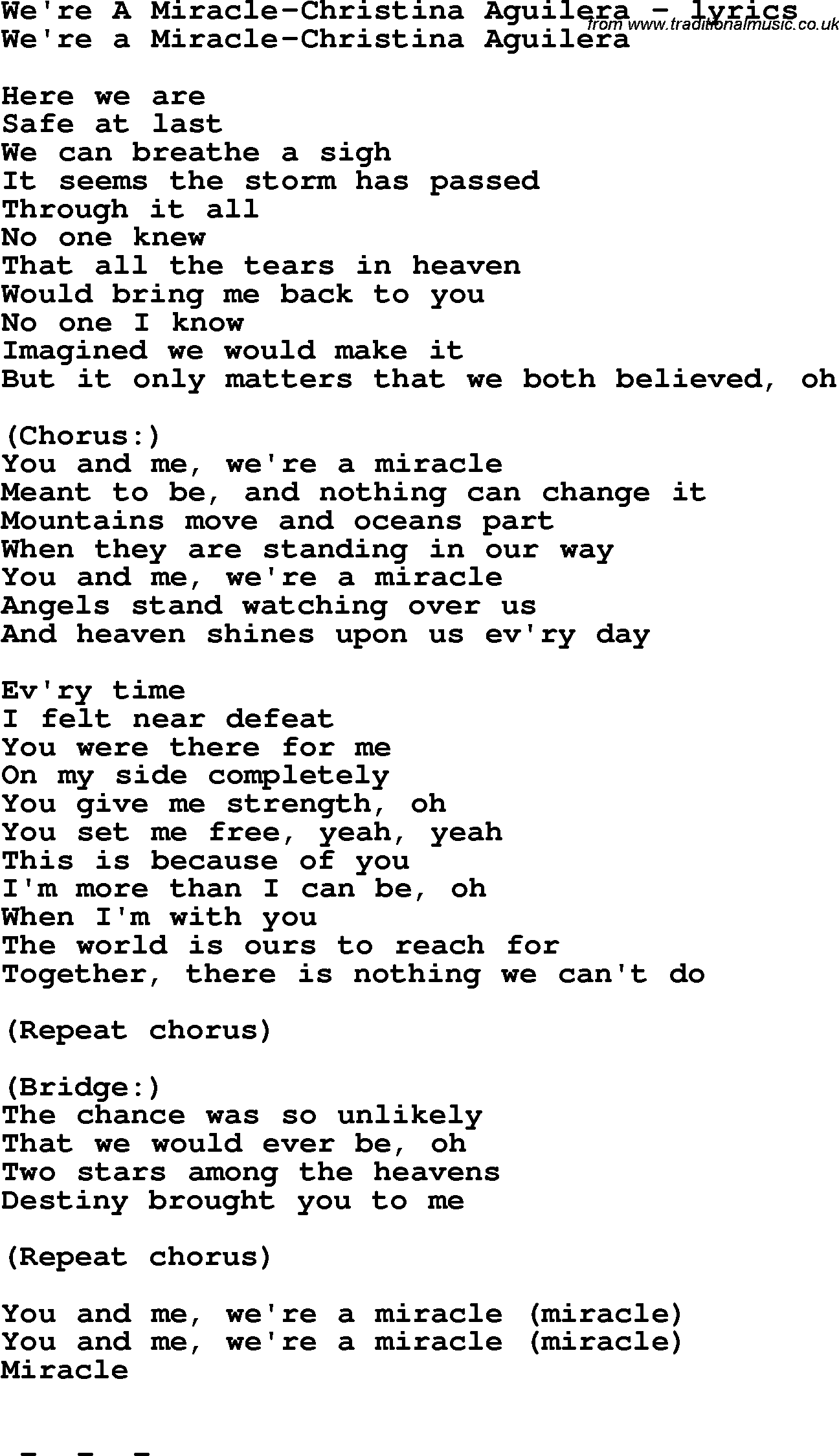 Love Song Lyrics for: We're A Miracle-Christina Aguilera