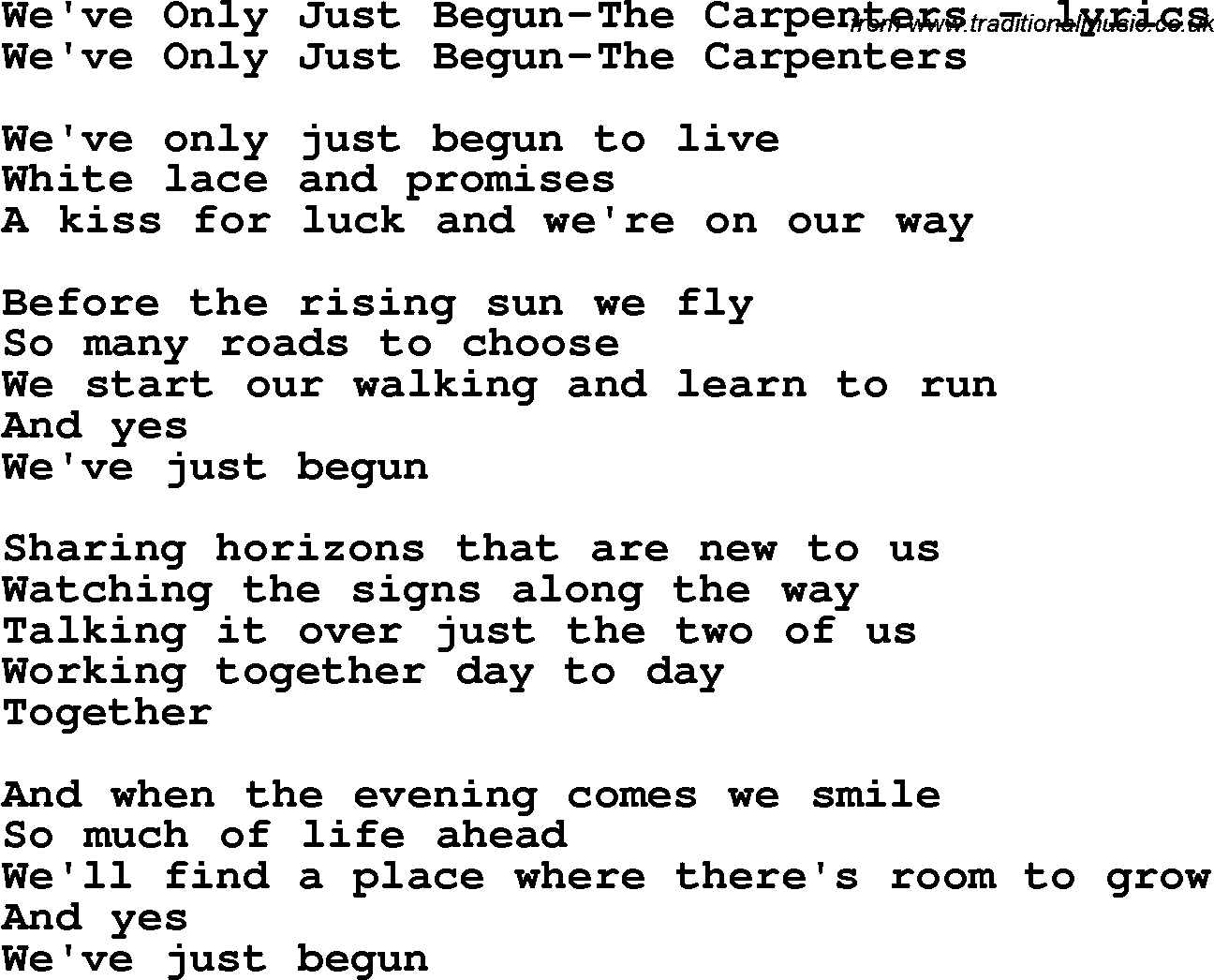 Love Song Lyrics for: We've Only Just Begun-The Carpenters
