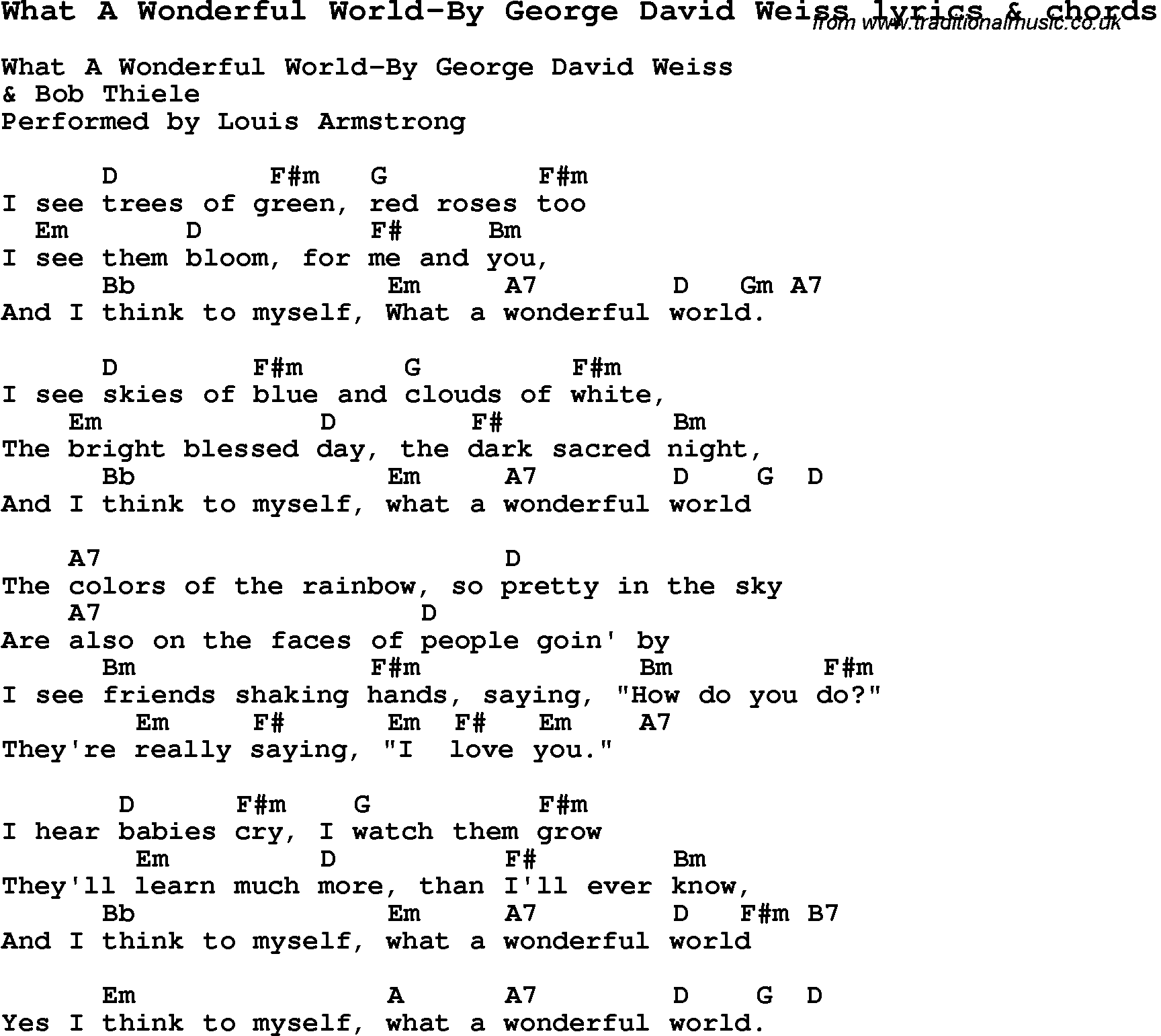 Love Song Lyrics for: What A Wonderful World-By George David Weiss with chords for Ukulele, Guitar Banjo etc.