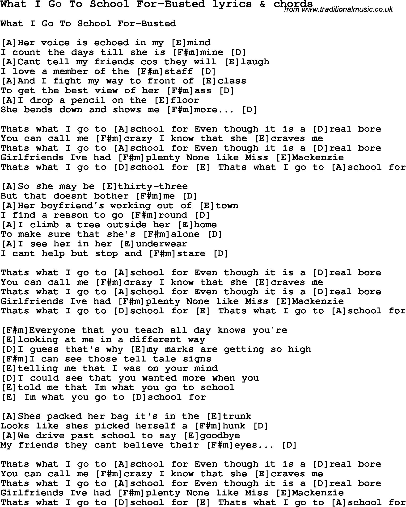 Love Song Lyrics for: What I Go To School For-Busted with chords for Ukulele, Guitar Banjo etc.