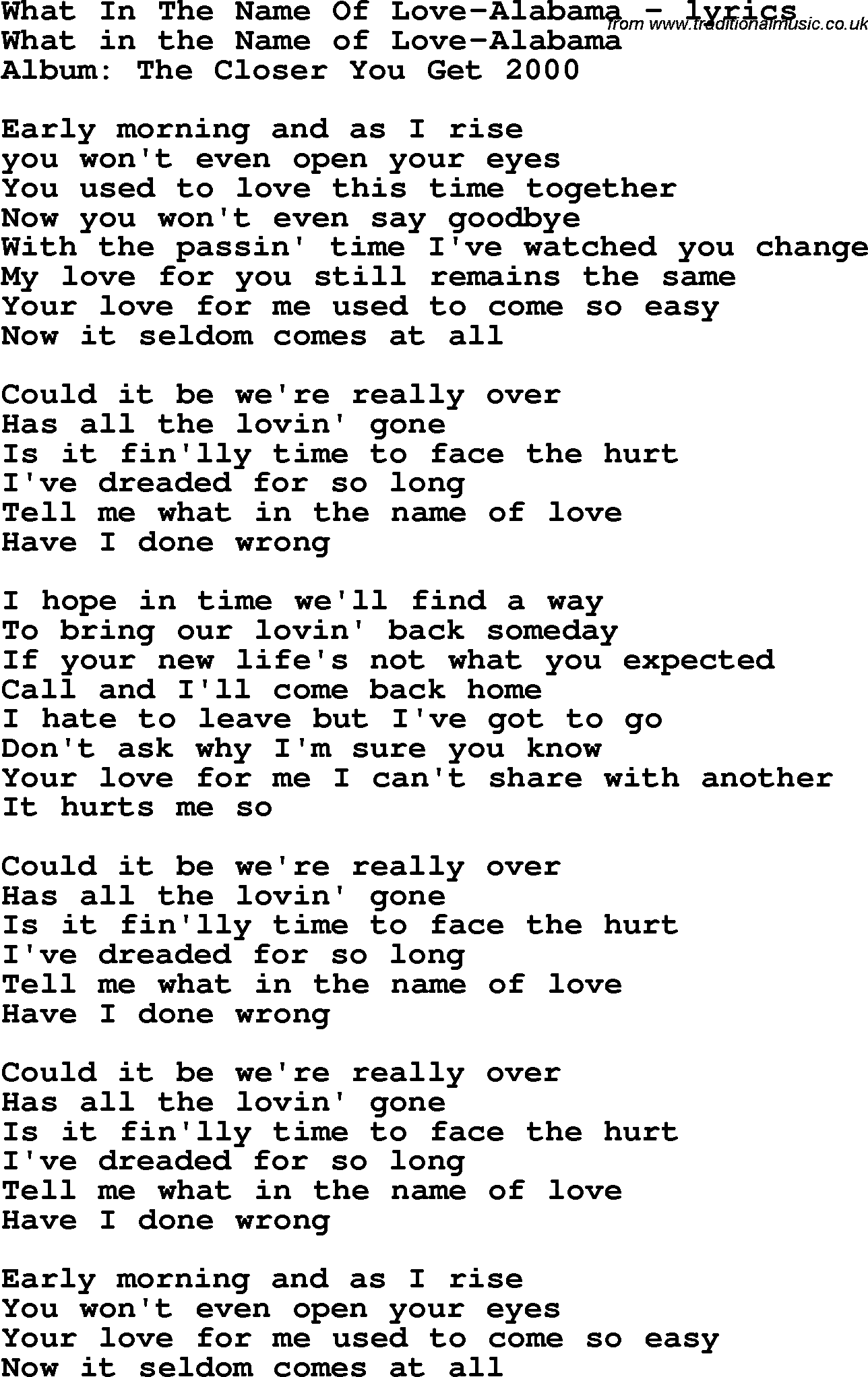 Love Song Lyrics for: What In The Name Of Love-Alabama