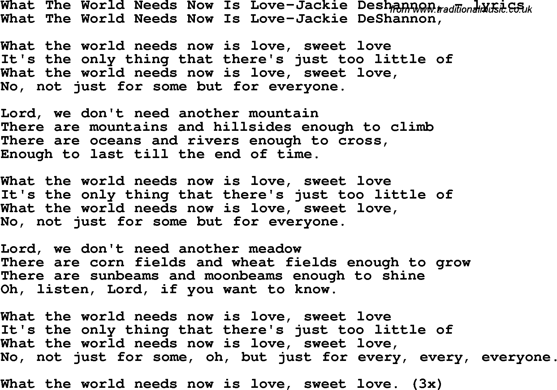 Love Song Lyrics For What The World Needs Now Is Love Jackie