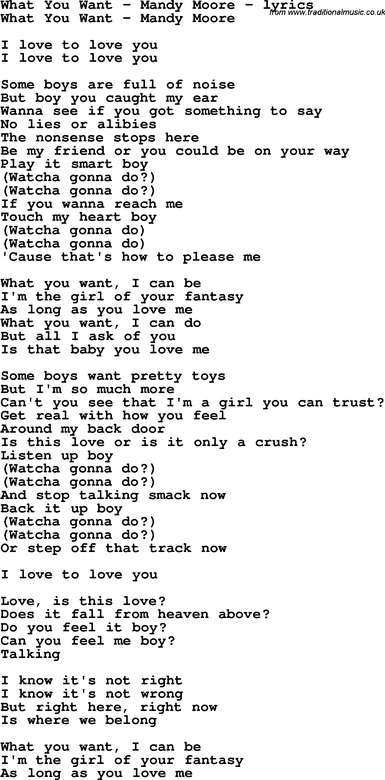 Love Song Lyrics for: What You Want - Mandy Moore