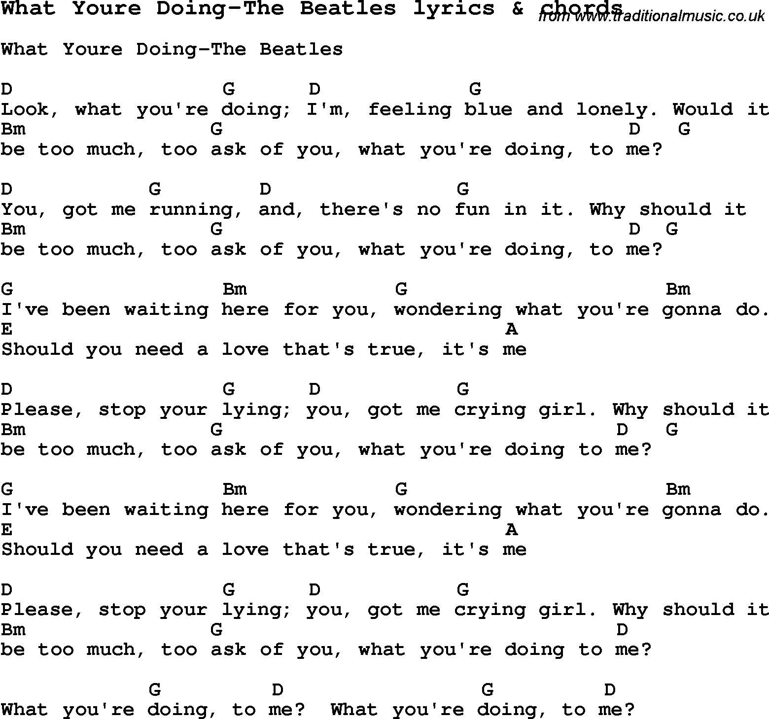 Love Song Lyrics for: What Youre Doing-The Beatles with chords for Ukulele, Guitar Banjo etc.