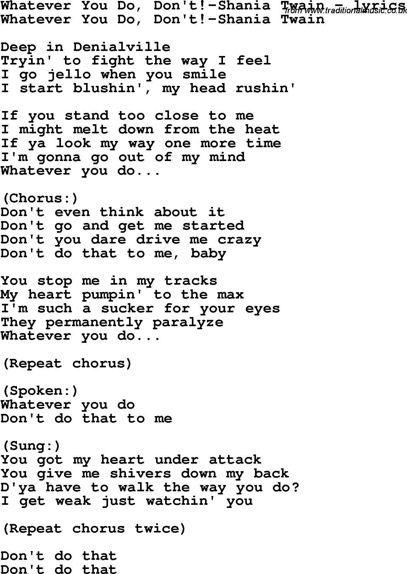 Love Song Lyrics for: Whatever You Do, Don't!-Shania Twain