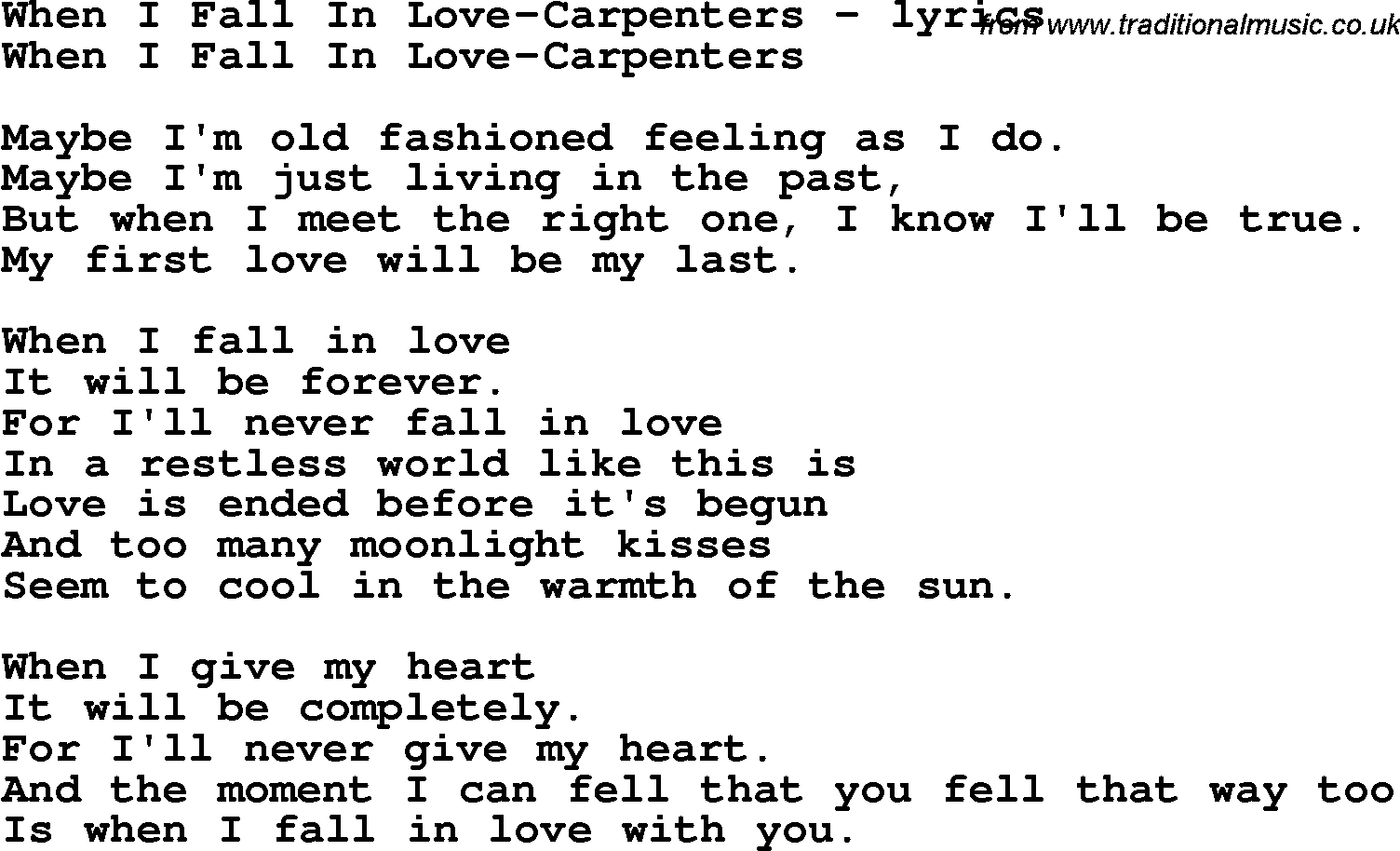 Love Song Lyrics for: When I Fall In Love-Carpenters