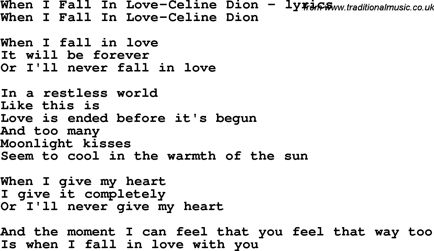 Love Song Lyrics for: When I Fall In Love-Celine Dion