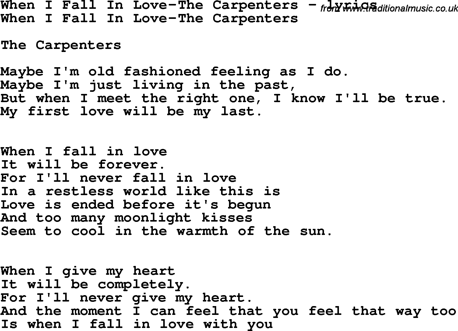 Love Song Lyrics for: When I Fall In Love-The Carpenters