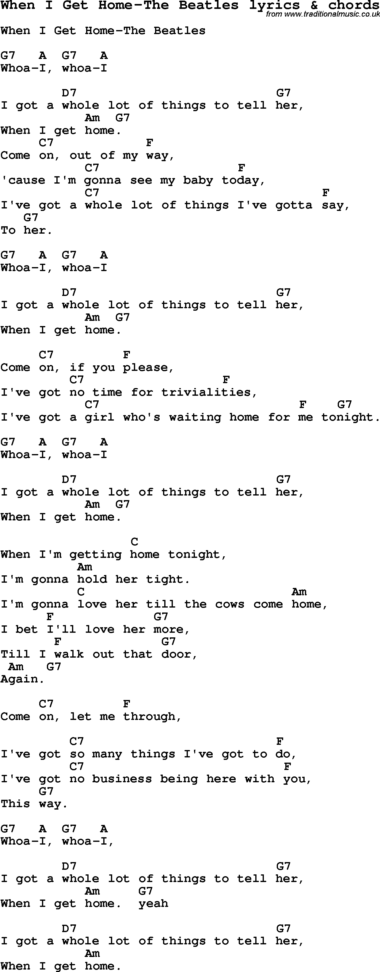 Love Song Lyrics for: When I Get Home-The Beatles with chords for Ukulele, Guitar Banjo etc.
